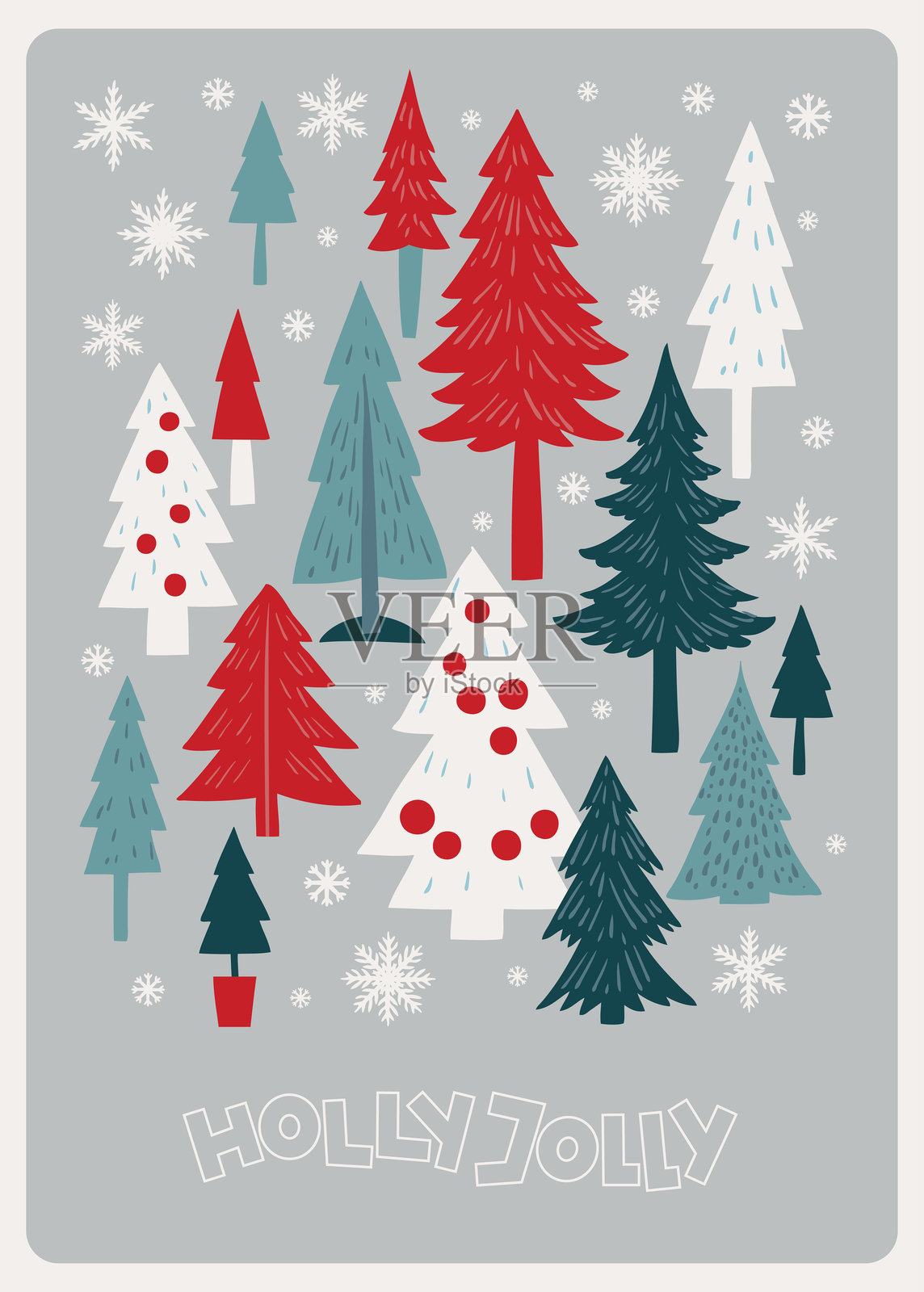 手绘圣诞卡。冬天的风景。印有松树的贺卡。插画图片素材