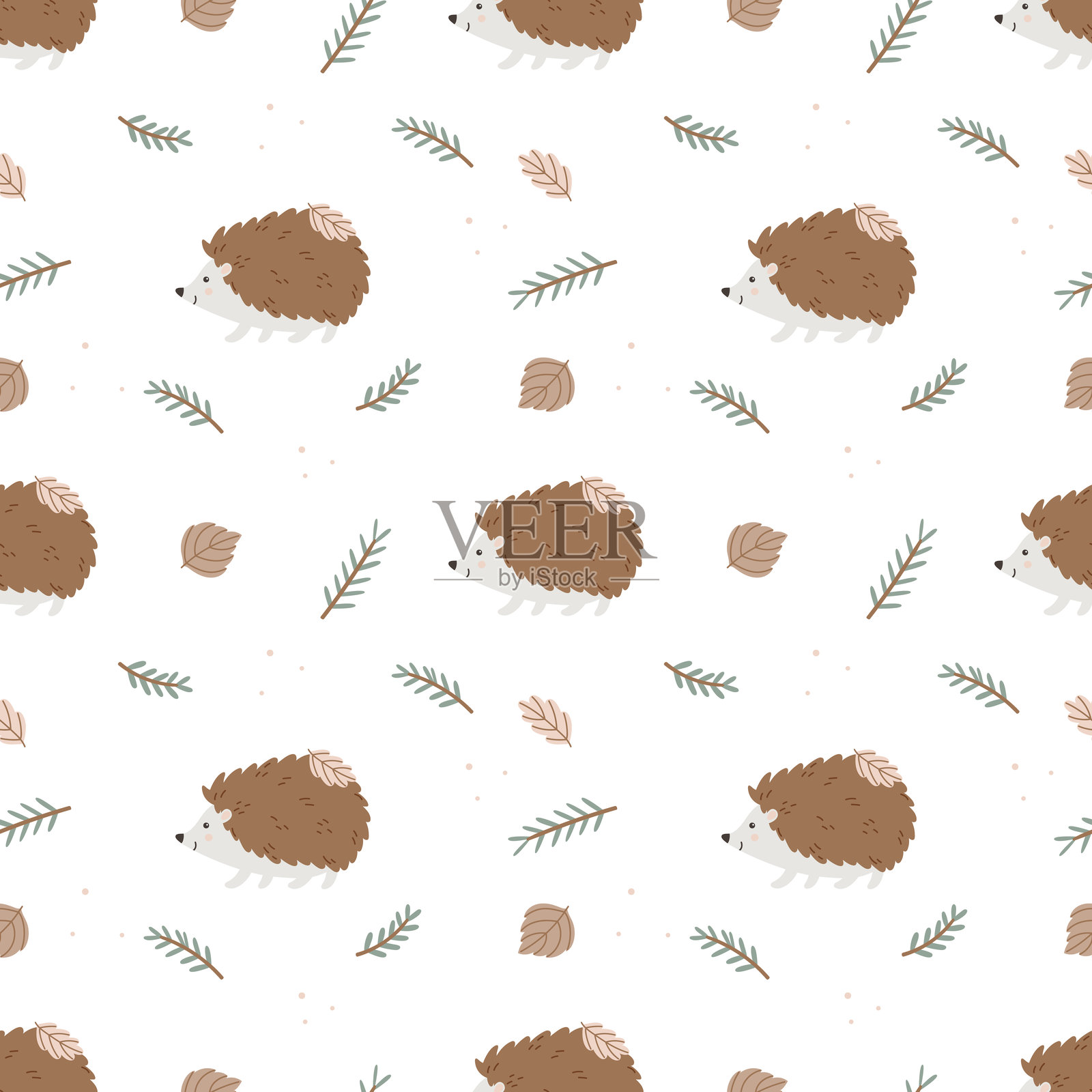 秋天无缝图案与可爱的刺猬和云杉树枝。插画图片素材