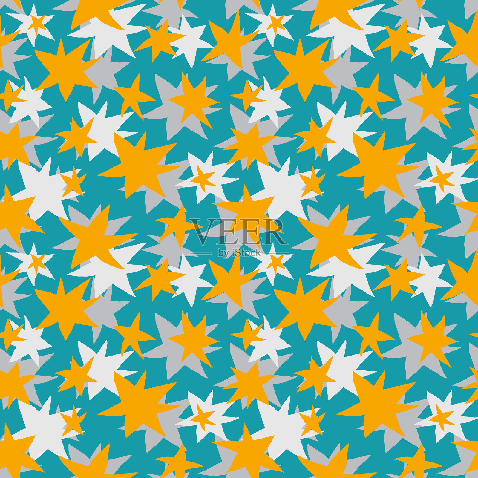 徒手绘制灰色和金黄色的星星在蓝绿色背景无缝矢量图案插画图片素材