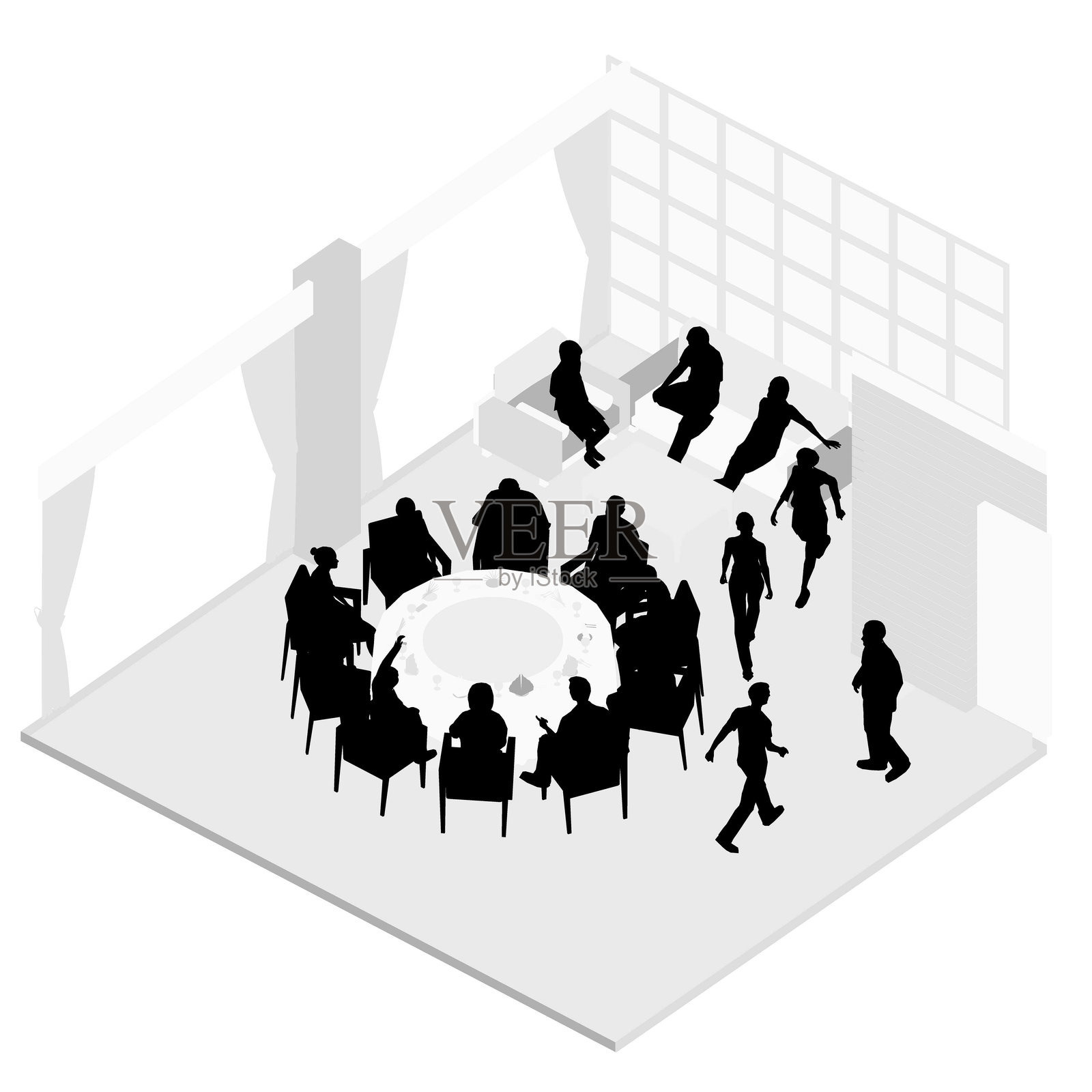 人们坐在餐厅的椅子和沙发上的剪影被隔离在白色的背景上。餐厅内部。等距视图。矢量插图。插画图片素材