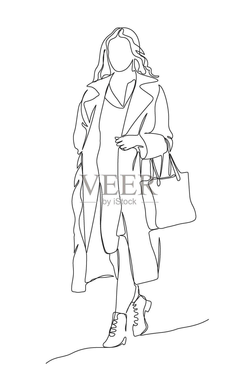 穿着大衣提着购物袋的女人走着。连续单线绘制。黑白矢量插图在线艺术风格。插画图片素材