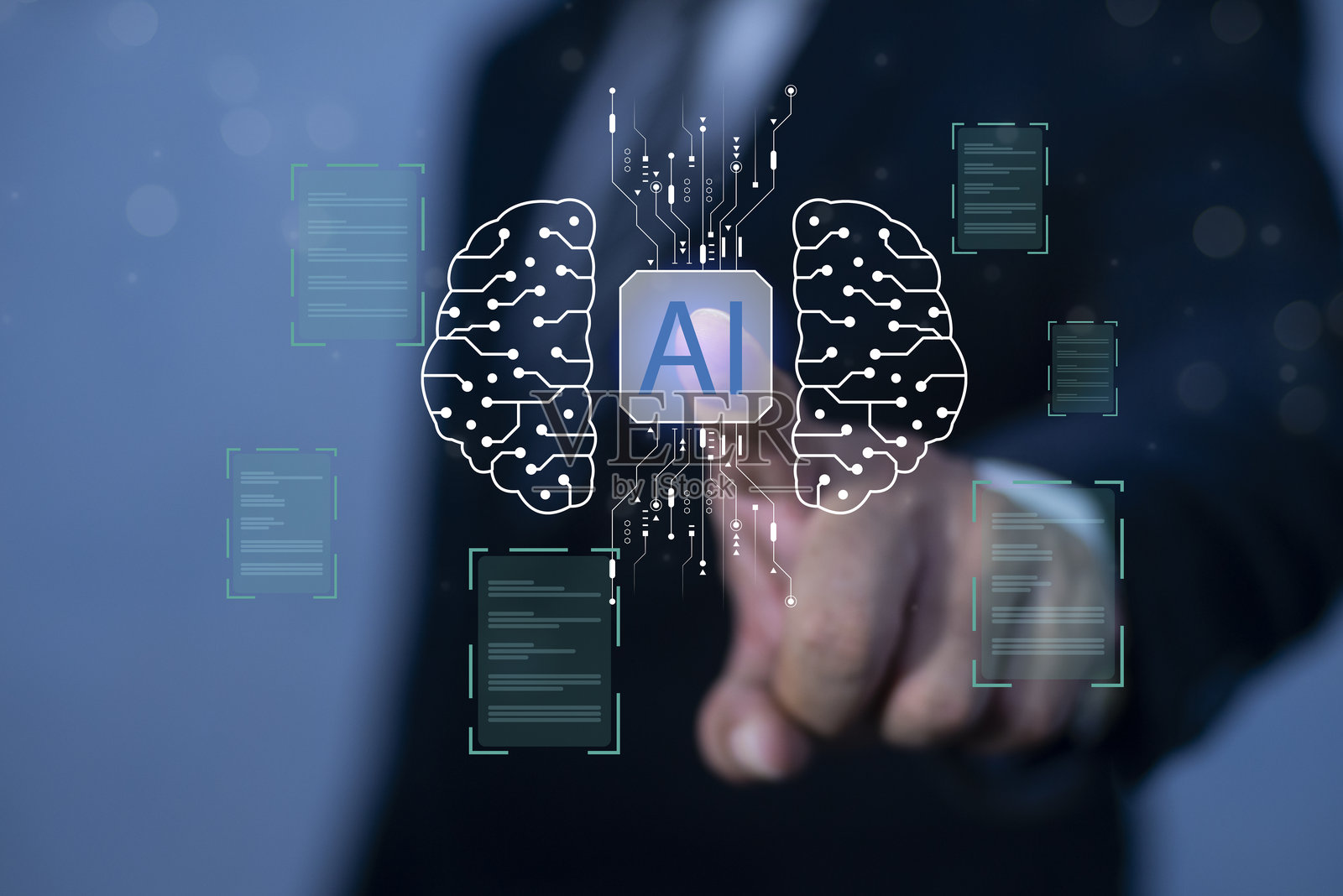 Ai技术，人工智能。人类使用人工智能技术，智能机器人。数据库和流程自动化来管理公司的文件、知识和文档。照片摄影图片