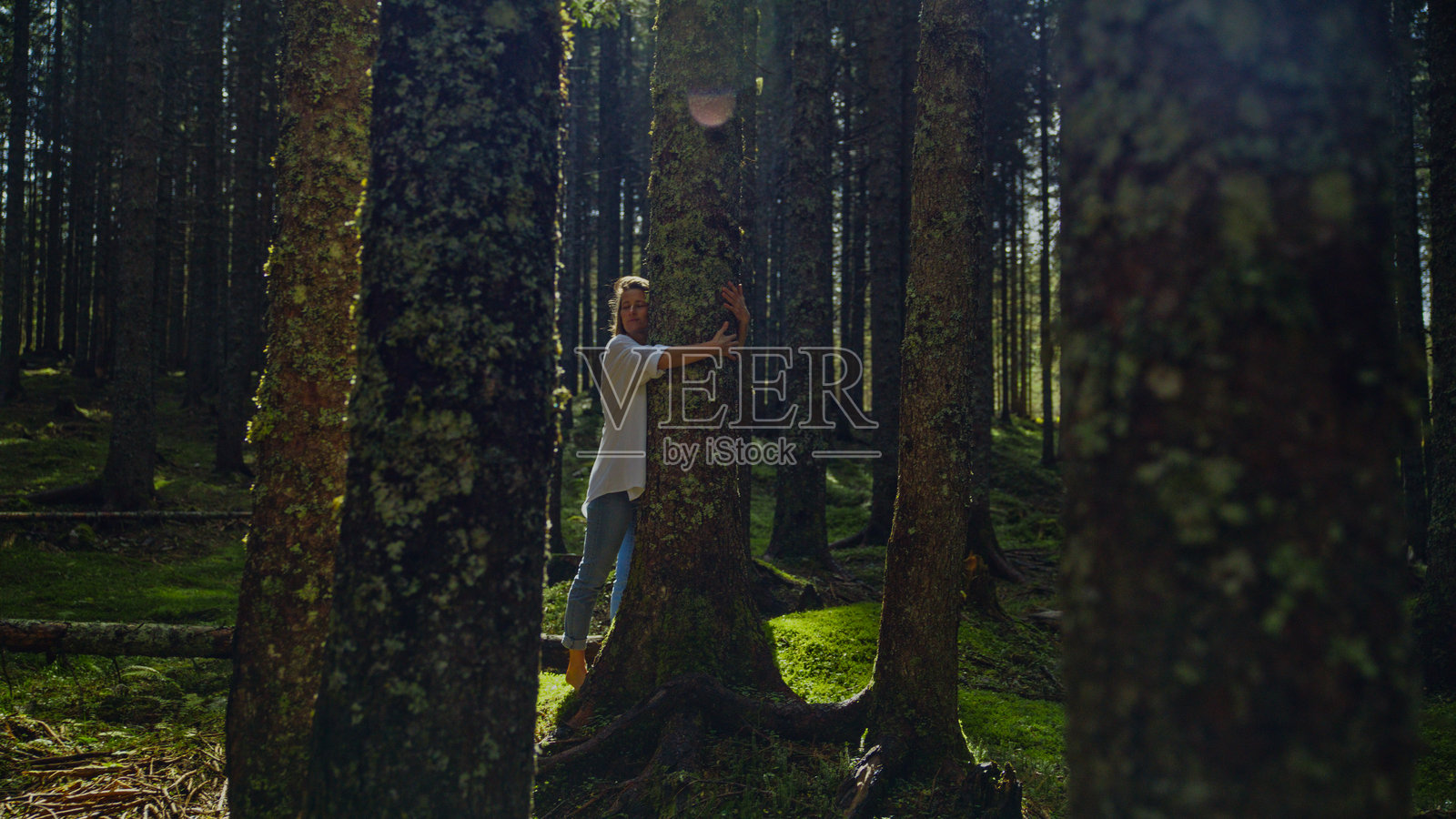 白人妇女在森林环境中拥抱自然照片摄影图片