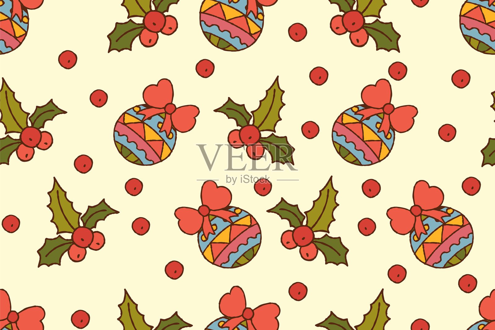 圣诞图案装饰球与可爱的蝴蝶结和冬青叶。理想的圣诞包装纸，贺卡，印刷插画图片素材