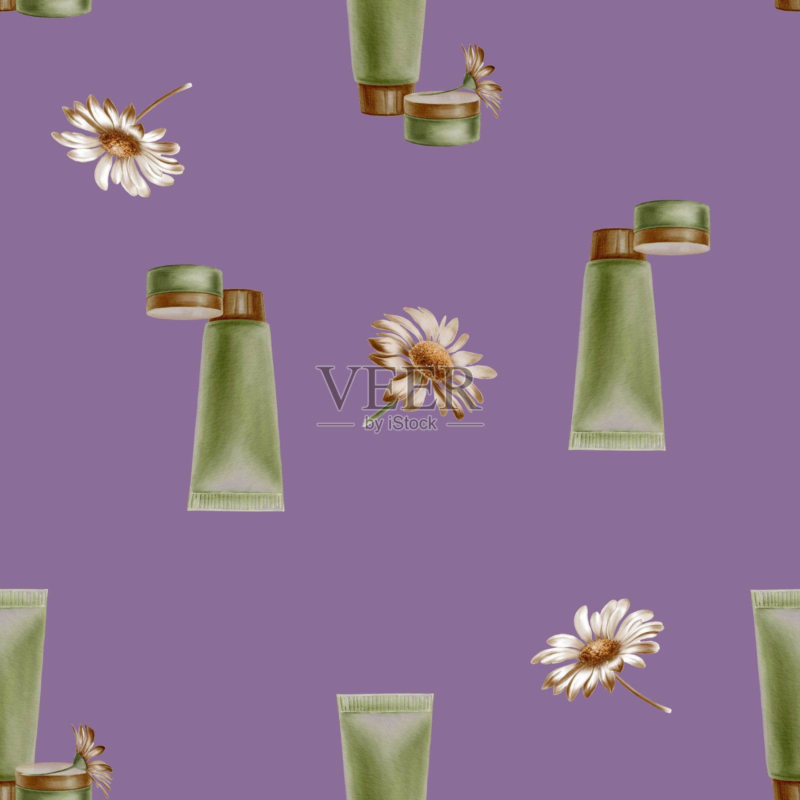 水彩无缝图案上紫罗兰的背景。一罐奶油，一管奶油，雏菊环保颜色。用于印刷品，卡片，请柬，小册子，记事本，织物包装纸，背景。插画图片素材