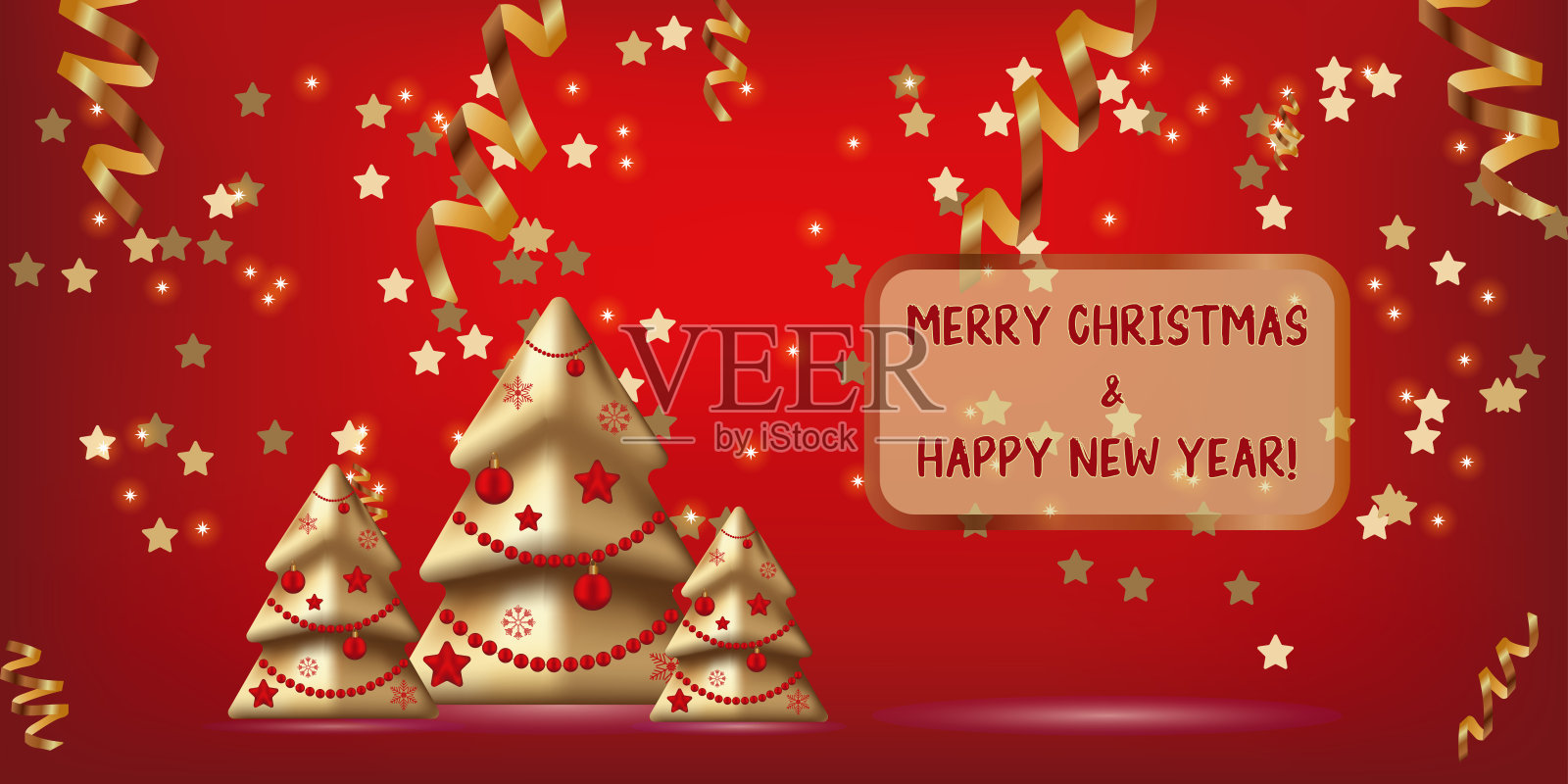 红色背景文字圣诞快乐，新年快乐金冷杉树插画图片素材