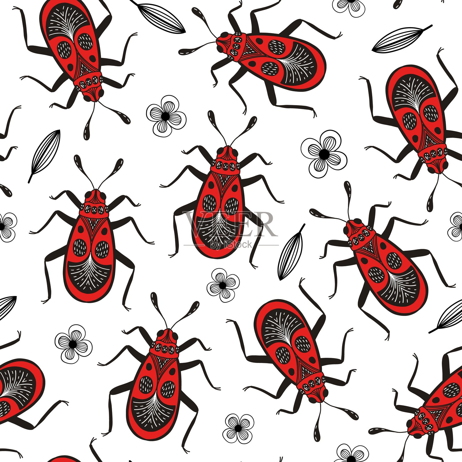 无缝图案与红色的虫子，花和叶子。手绘矢量无缝图案插画图片素材