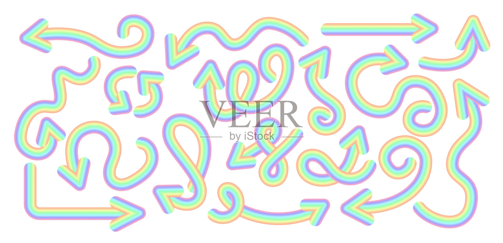 三维梯度彩虹彩虹曲线波箭头集。收集线性彩色箭头，弯曲的指针。矢量设计元素。插画图片素材