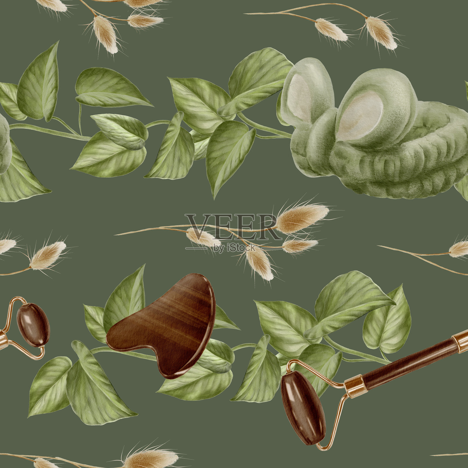 水彩无缝图案上的深绿色背景。水粉刮刀和玉石滚轮，金菖蒲叶，干菖蒲米色耳，纺织蓬松的蝴蝶结发带。插画图片素材