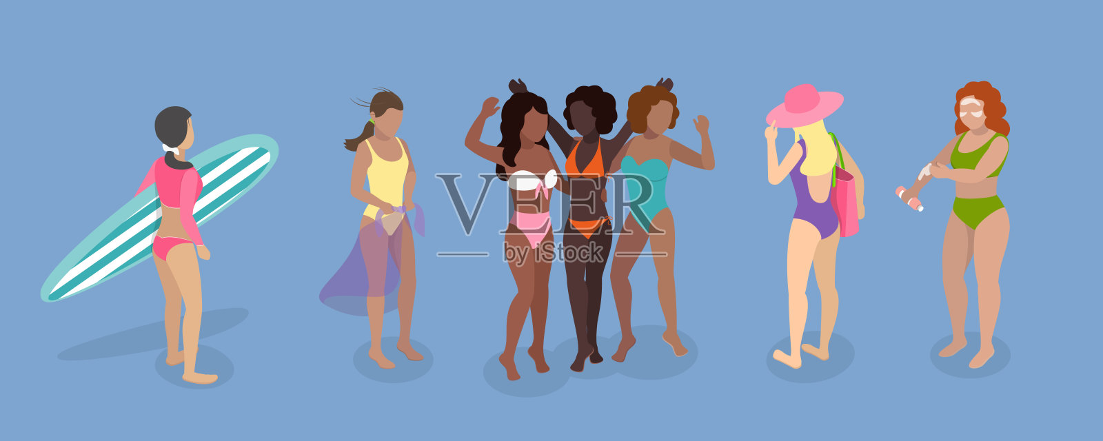 三维等距平面矢量集的妇女在泳衣插画图片素材