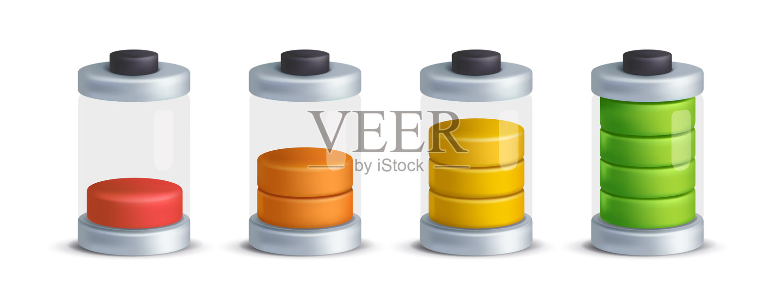 电池充电指示灯图标。一套橡皮泥风格的符号与放电和充满电的电池。动力和能量。现实的3D矢量插图集合插画图片素材