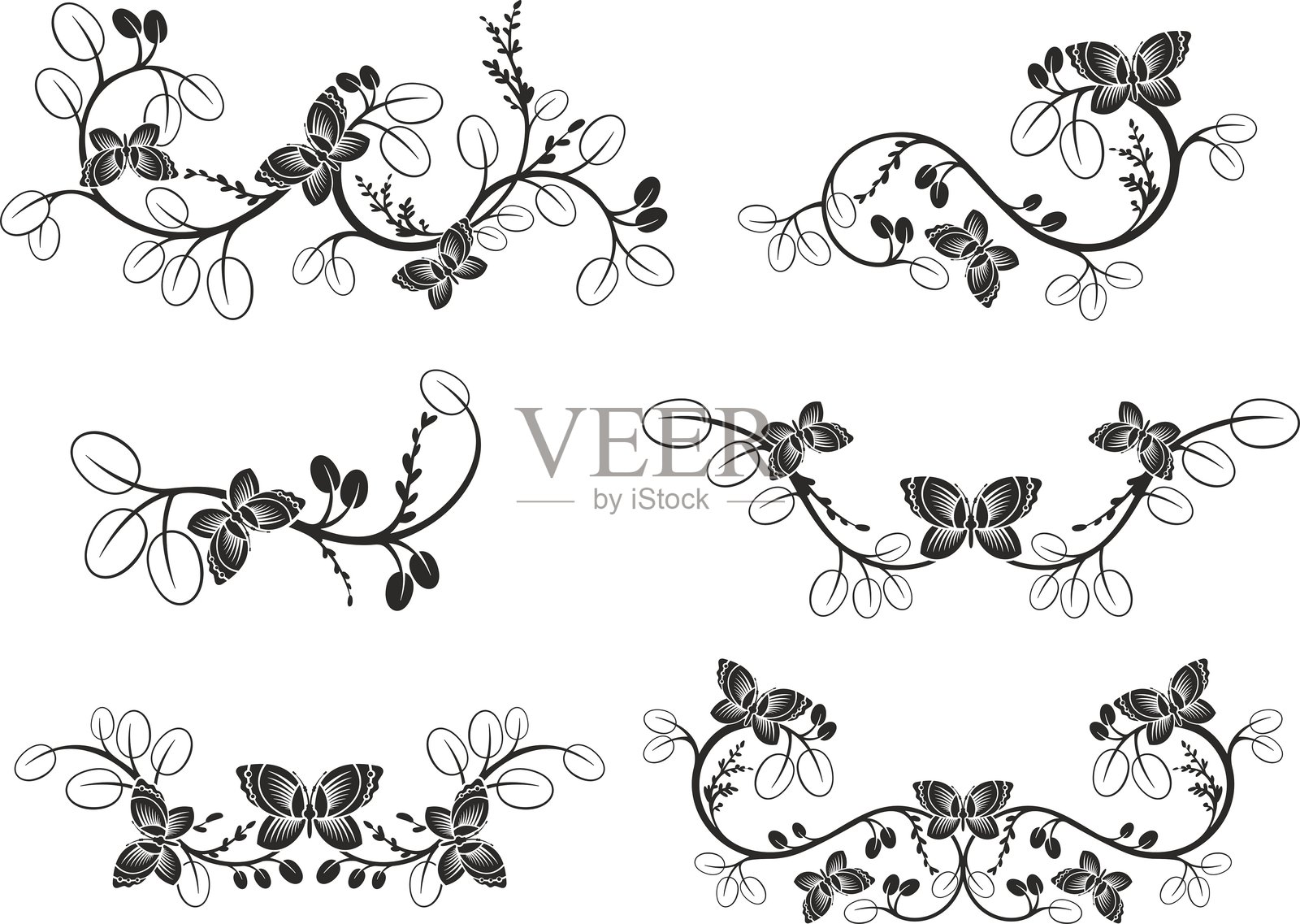 矢量日本花卉装饰与蝴蝶插画图片素材