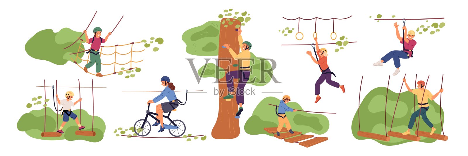 绳索公园的游客。积极的家庭娱乐。森林攀爬。快乐的孩子和父母。绳梯和景点。吊在电缆上的人。爬树。格里什向量集插画图片素材