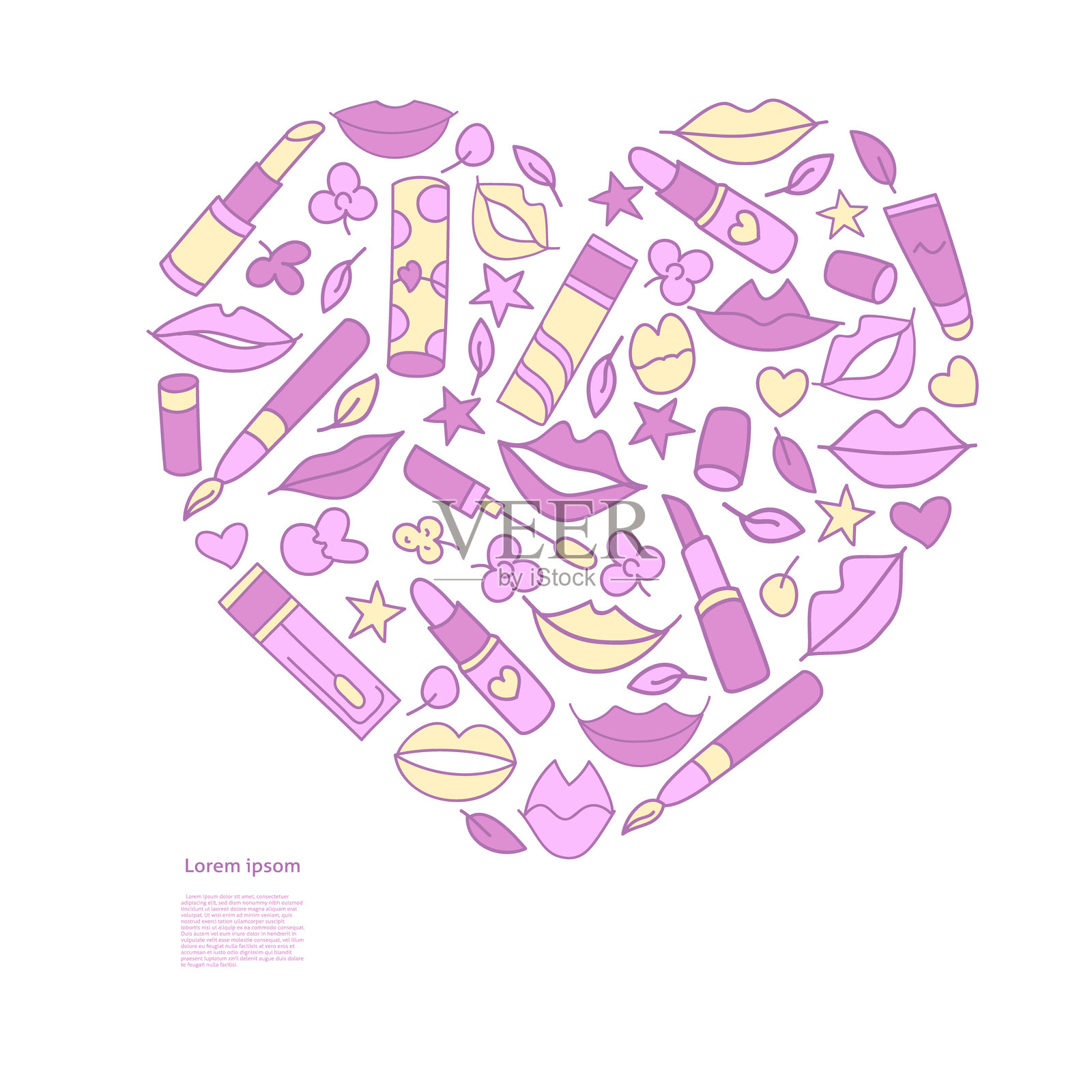 矢量心形由嘴唇和口红制成。孤立的插图。向量模板插画图片素材
