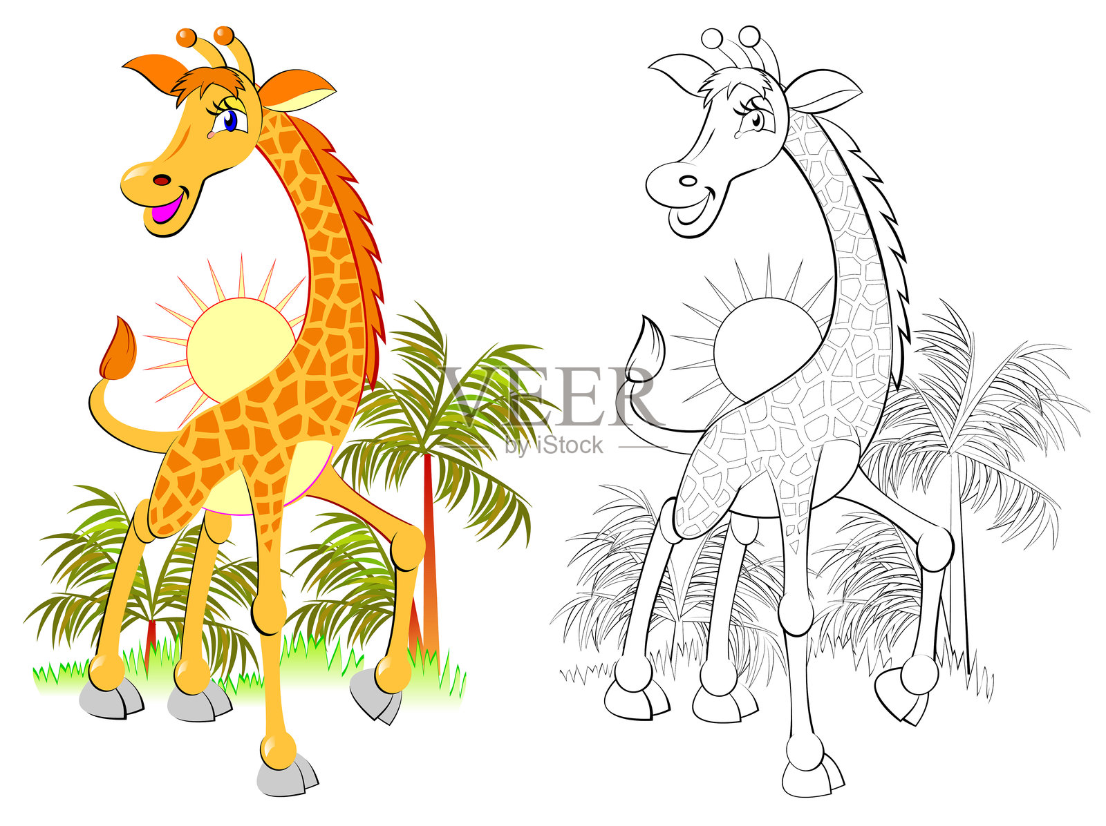 彩色和黑白图案为着色。可爱的小长颈鹿插图。适合儿童和成人的工作表。矢量图像。儿童活动单。彩色的书。插画图片素材