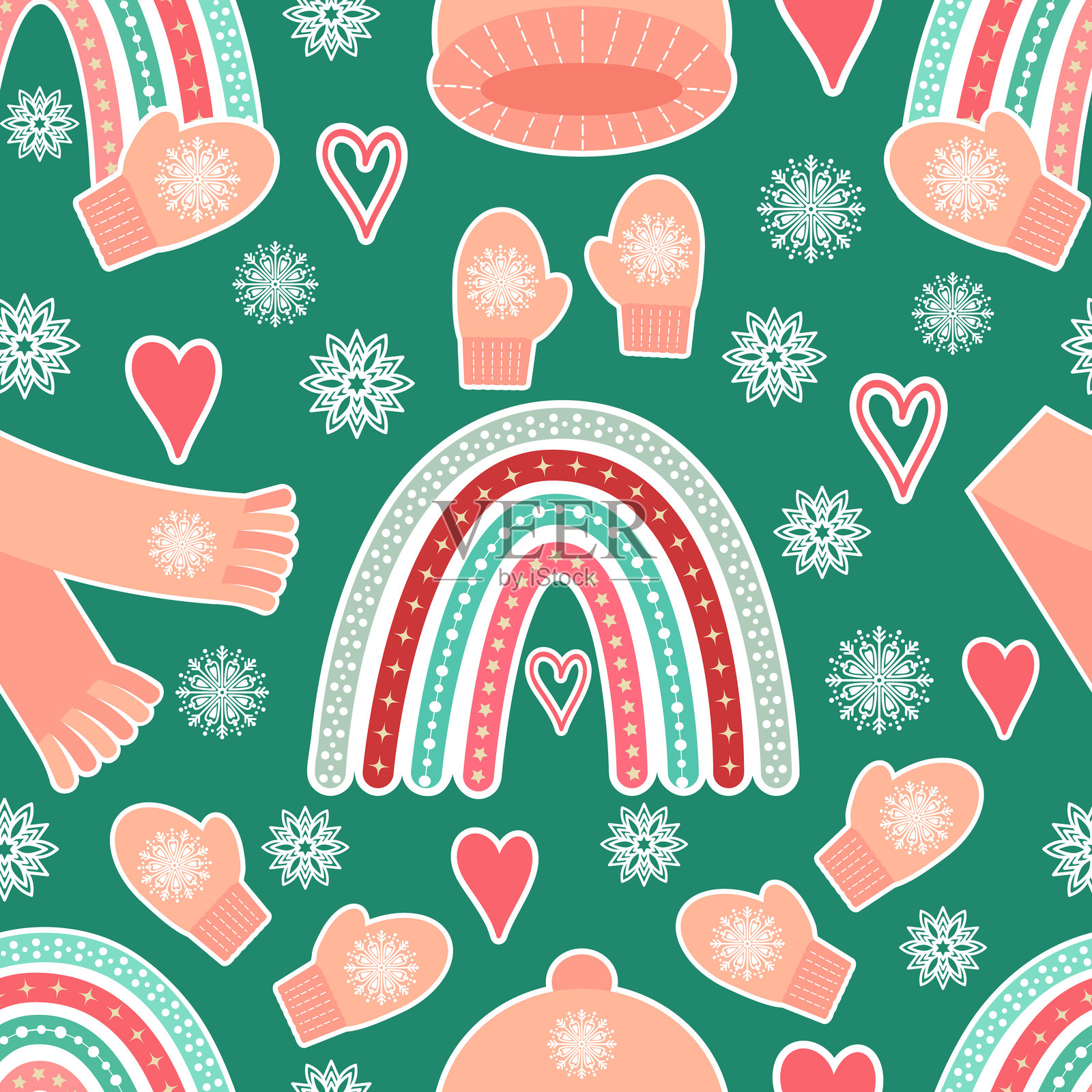 冬季圣诞假期无缝图案。可爱的波西米亚彩虹，儿童连指手套，围巾，帽子背景，壁纸。插画图片素材