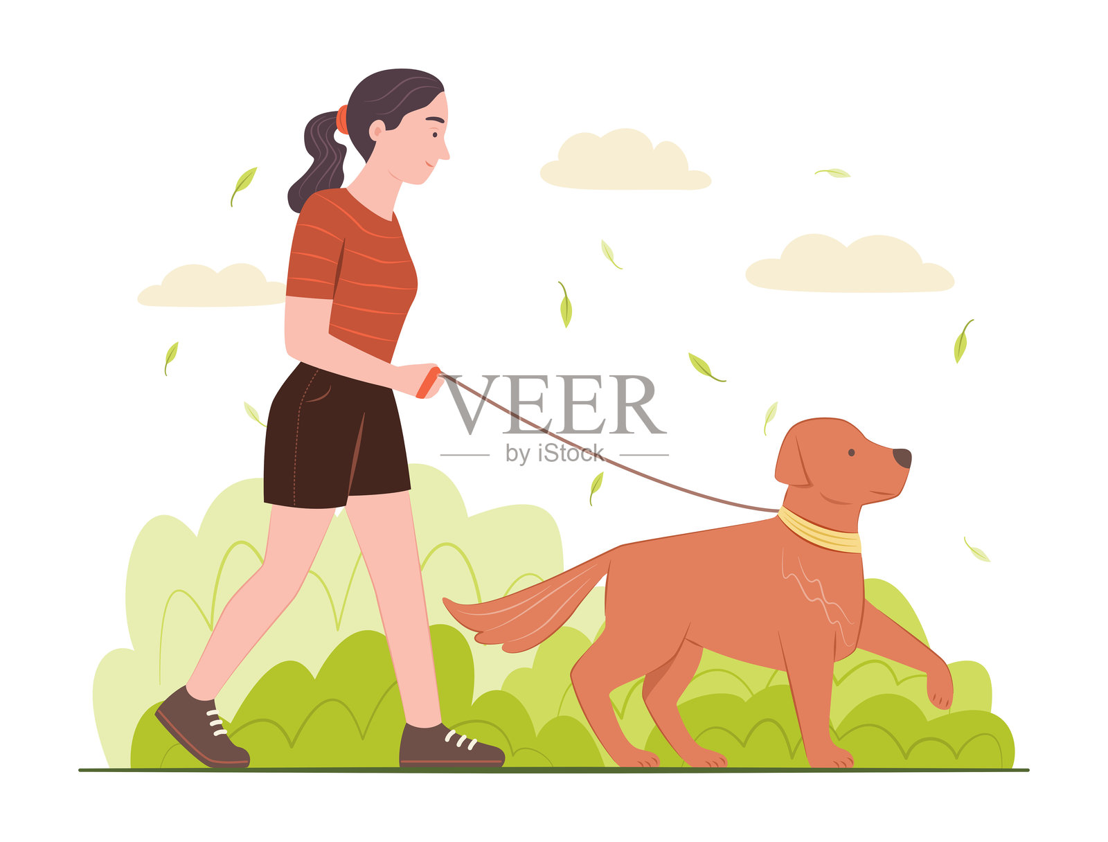 户外生活方式概念插图，在公园遛狗的女人插画图片素材