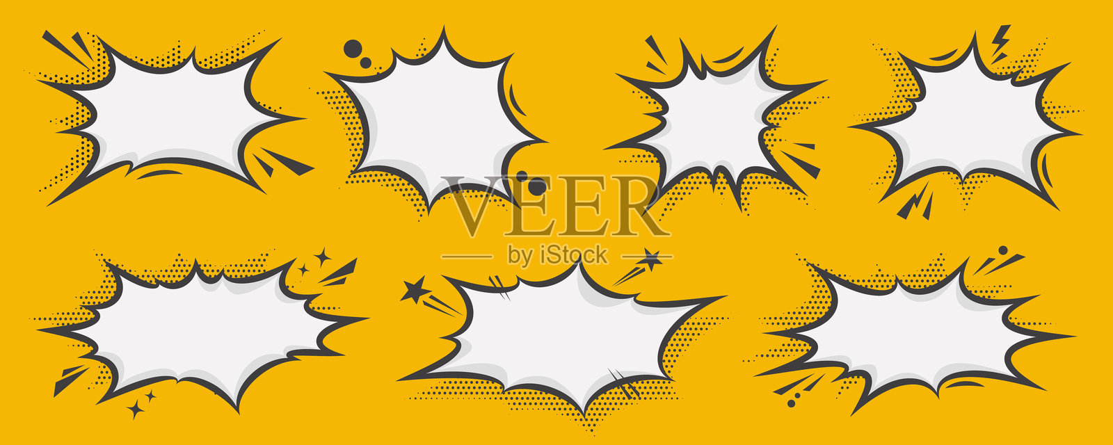 漫画演讲泡沫。漫画文本框架与波普艺术半色调虚线效果。对话框的气球聊天形状。矢量云休克大喊和尖叫行动信息。不规则卡通装饰插画图片素材
