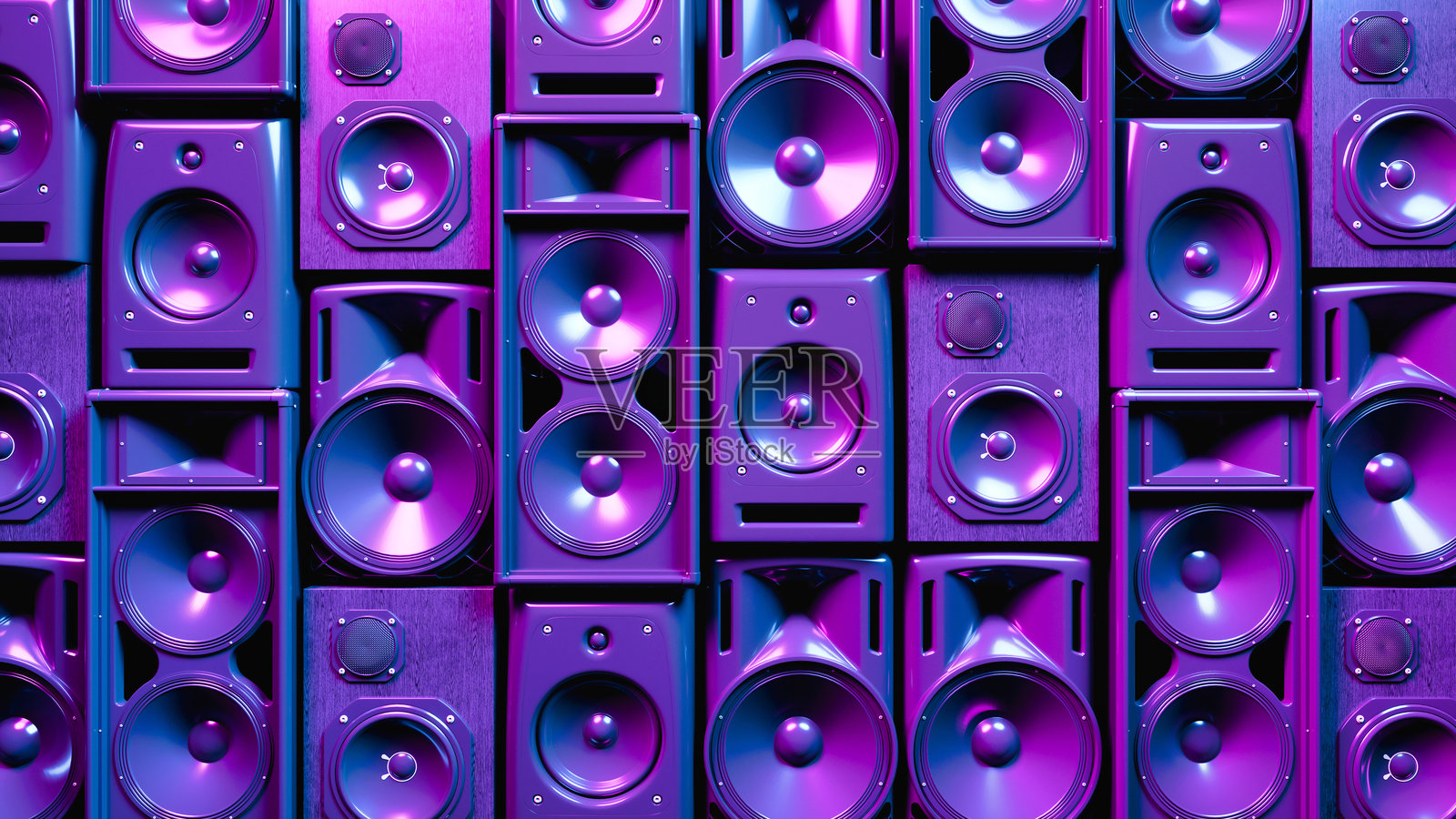 许多不同的声学系统覆盖了整个墙壁的霓虹灯照片摄影图片