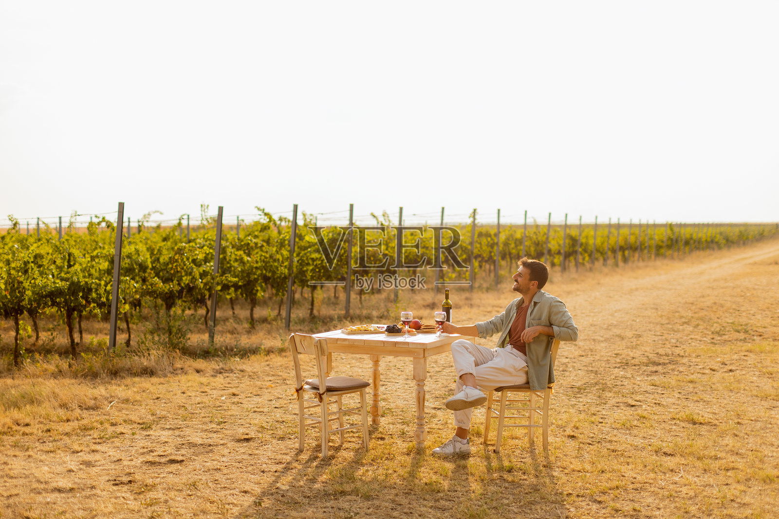 在温暖的阳光下，在葡萄园里享受美酒和新鲜的农产品照片摄影图片