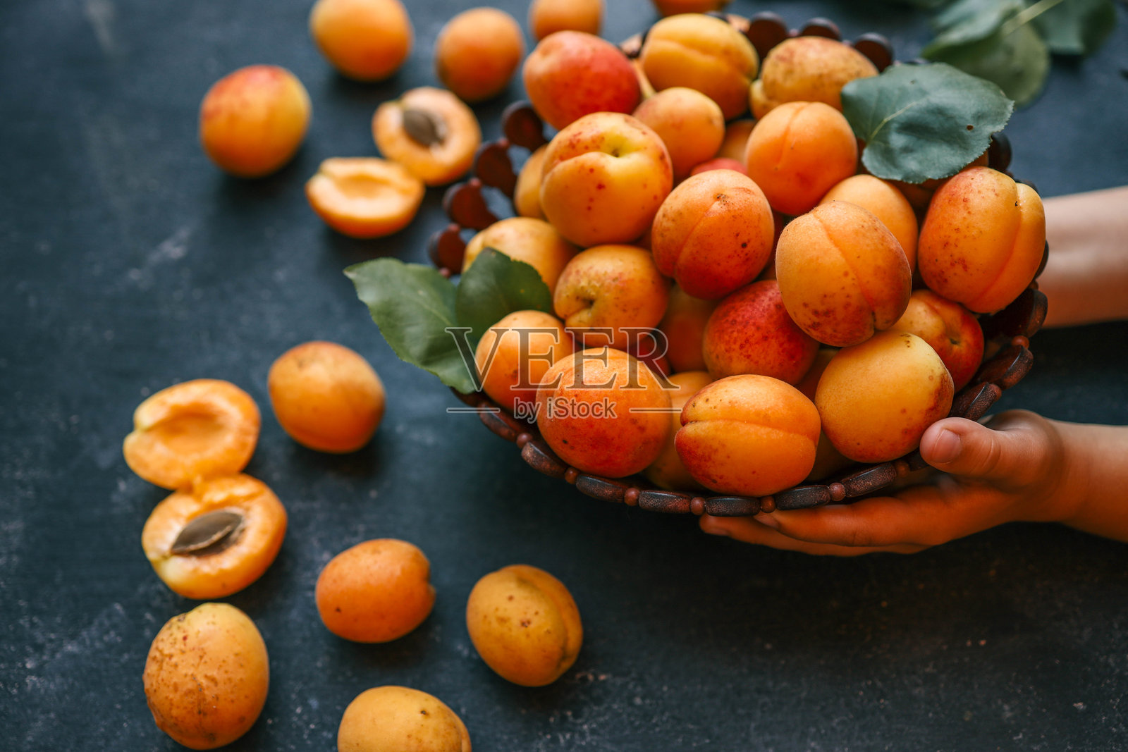 姑娘捧着大盘子里的杏子，夏日收获的概念照片摄影图片