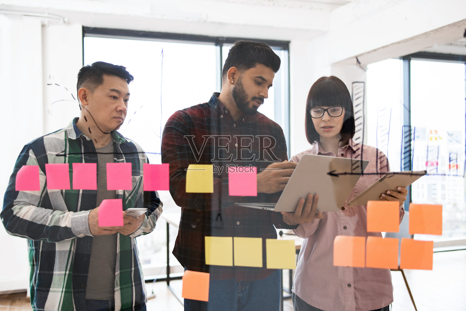 使用便利贴和电子设备进行团队头脑风暴照片摄影图片