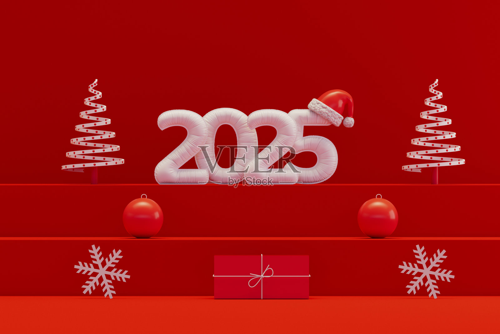 红色楼梯上的新年气球和圣诞树照片摄影图片