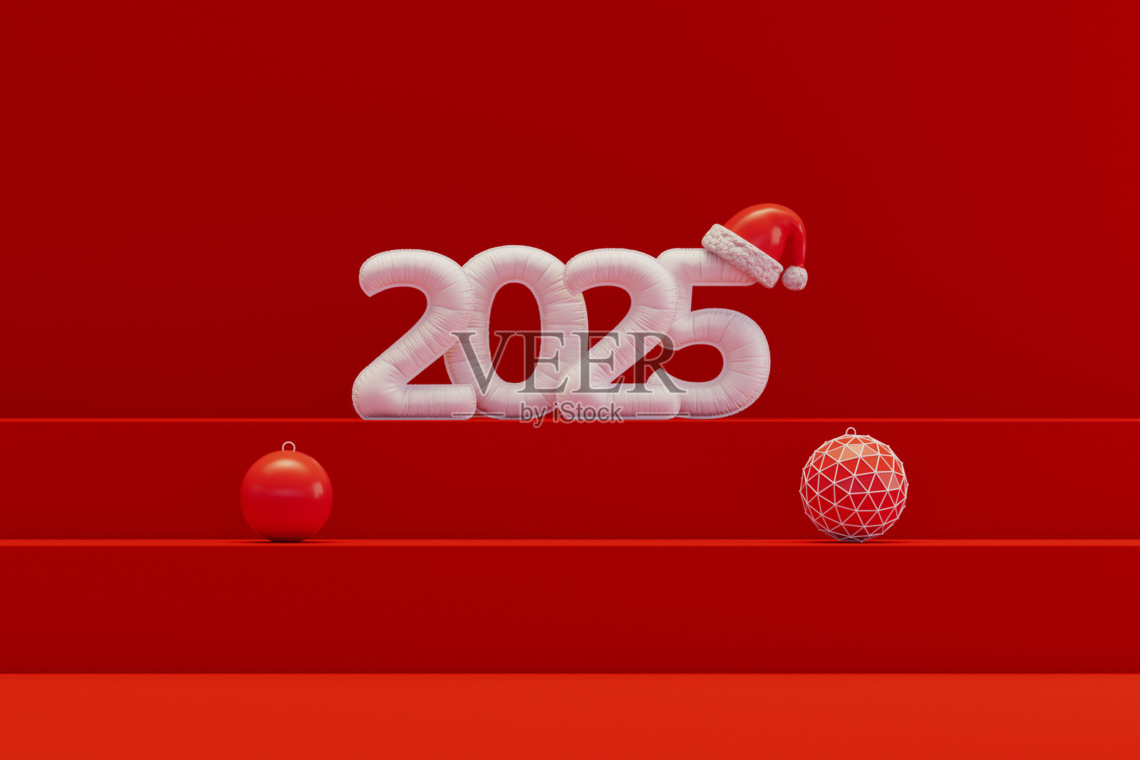 红色楼梯上有2025个新年气球，上面有圣诞帽和圣诞装饰品照片摄影图片