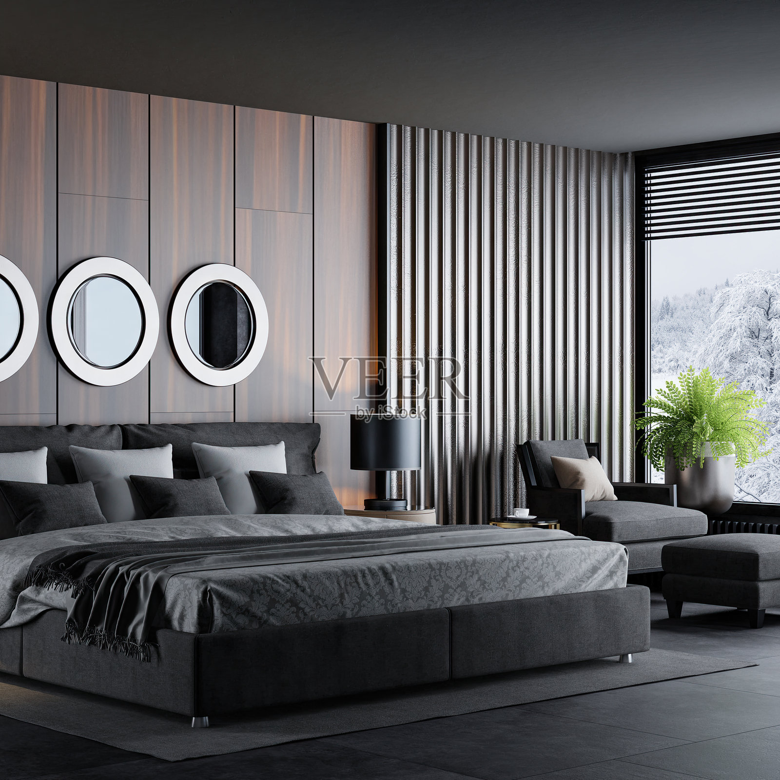 黑色豪华现代复古风格的主卧室照片摄影图片