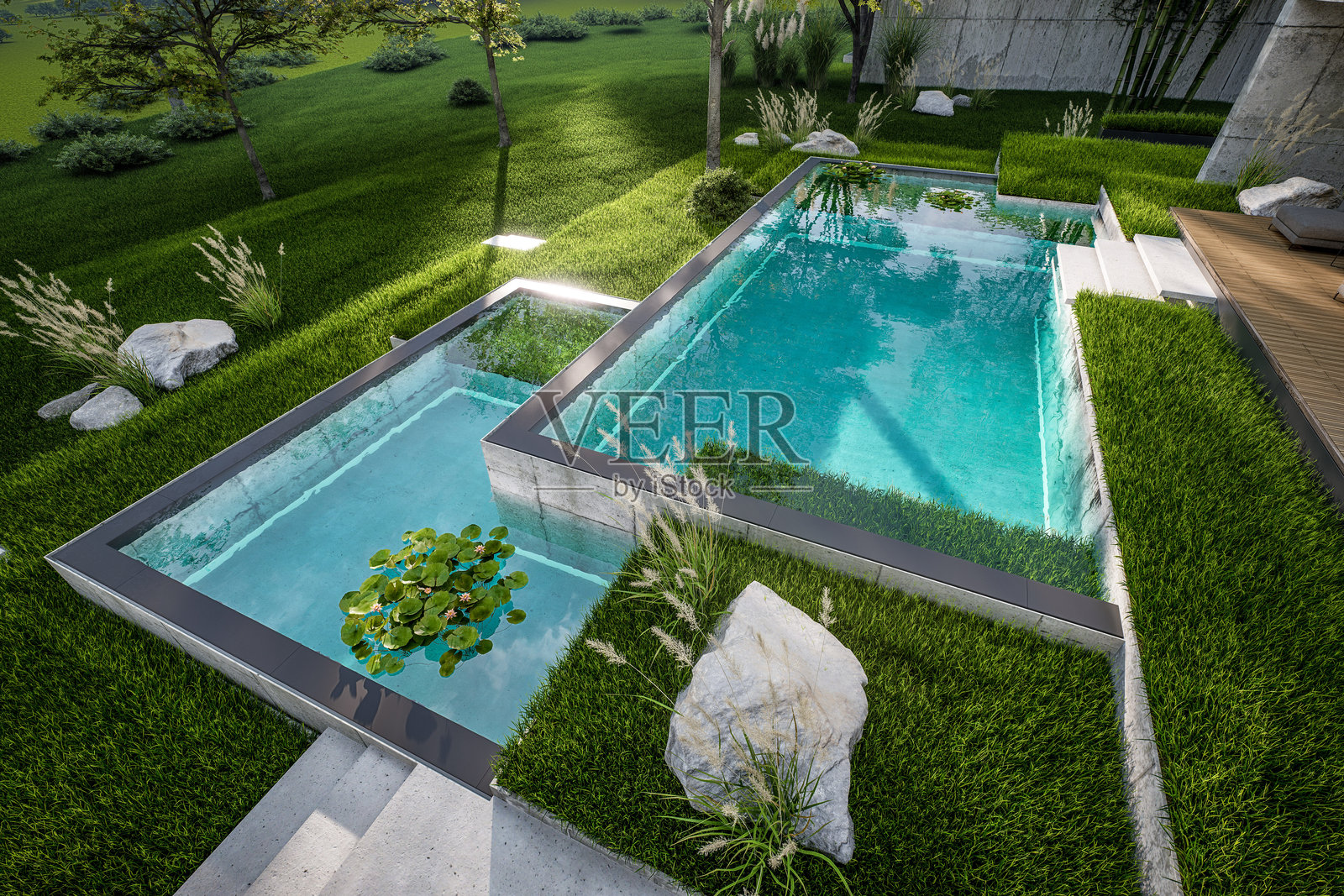 傍晚混凝土外墙的平顶房屋3D渲染照片摄影图片