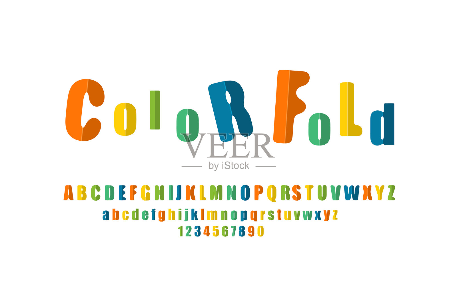 彩色折叠字体和数字。字体，排印字母拉丁字体。标题、正文的现代风格字母。矢量图插画图片素材