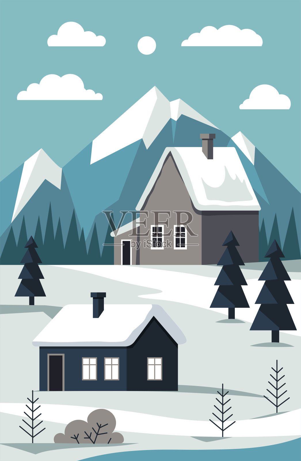 雪山小屋场景矢量插画图片素材