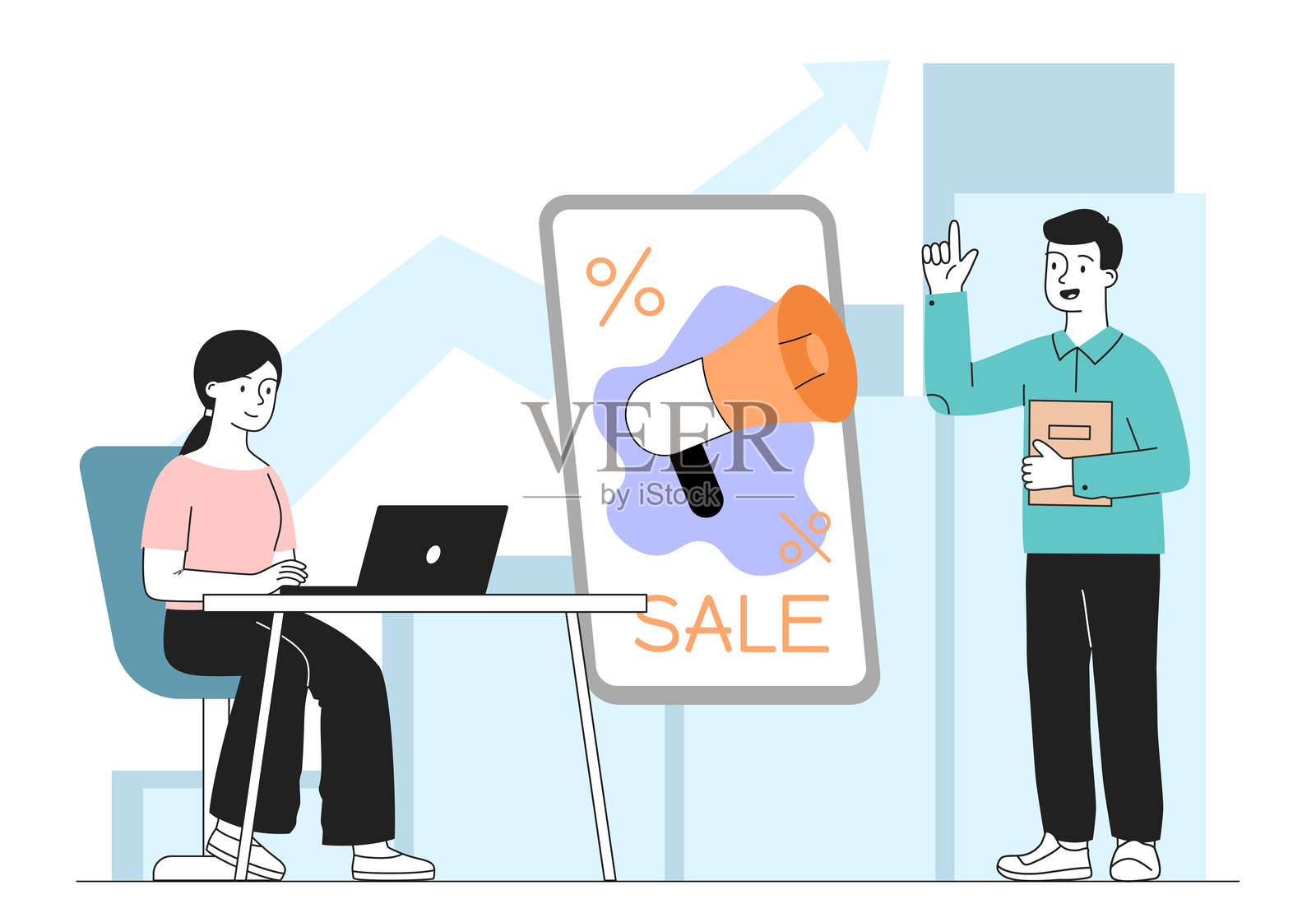 营销团队。一男一女靠近带扩音器的海报。广告和营销。同事和合作伙伴在共同的项目上工作。线性向量图解插画图片素材