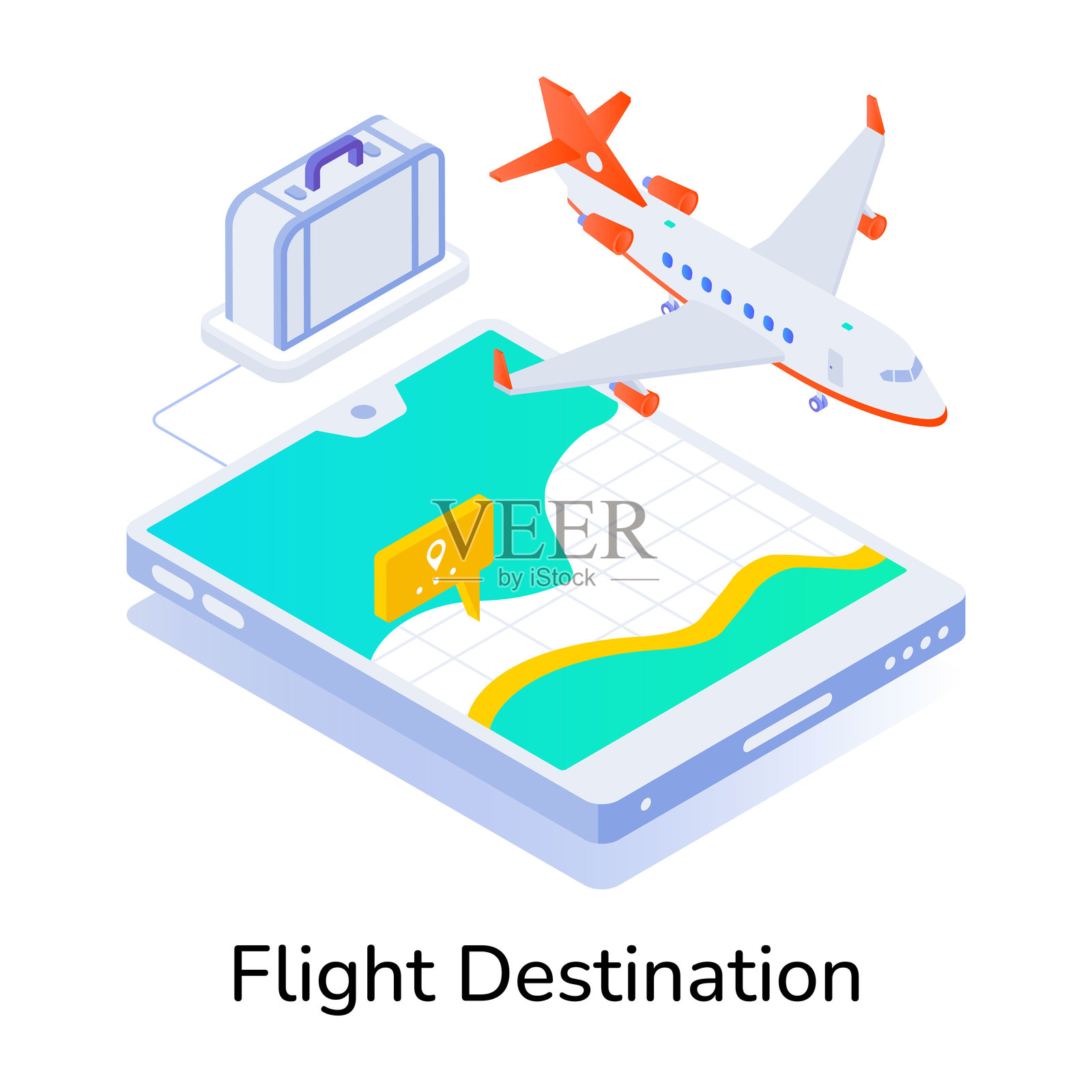 在线航班目的地的等距图标插画图片素材