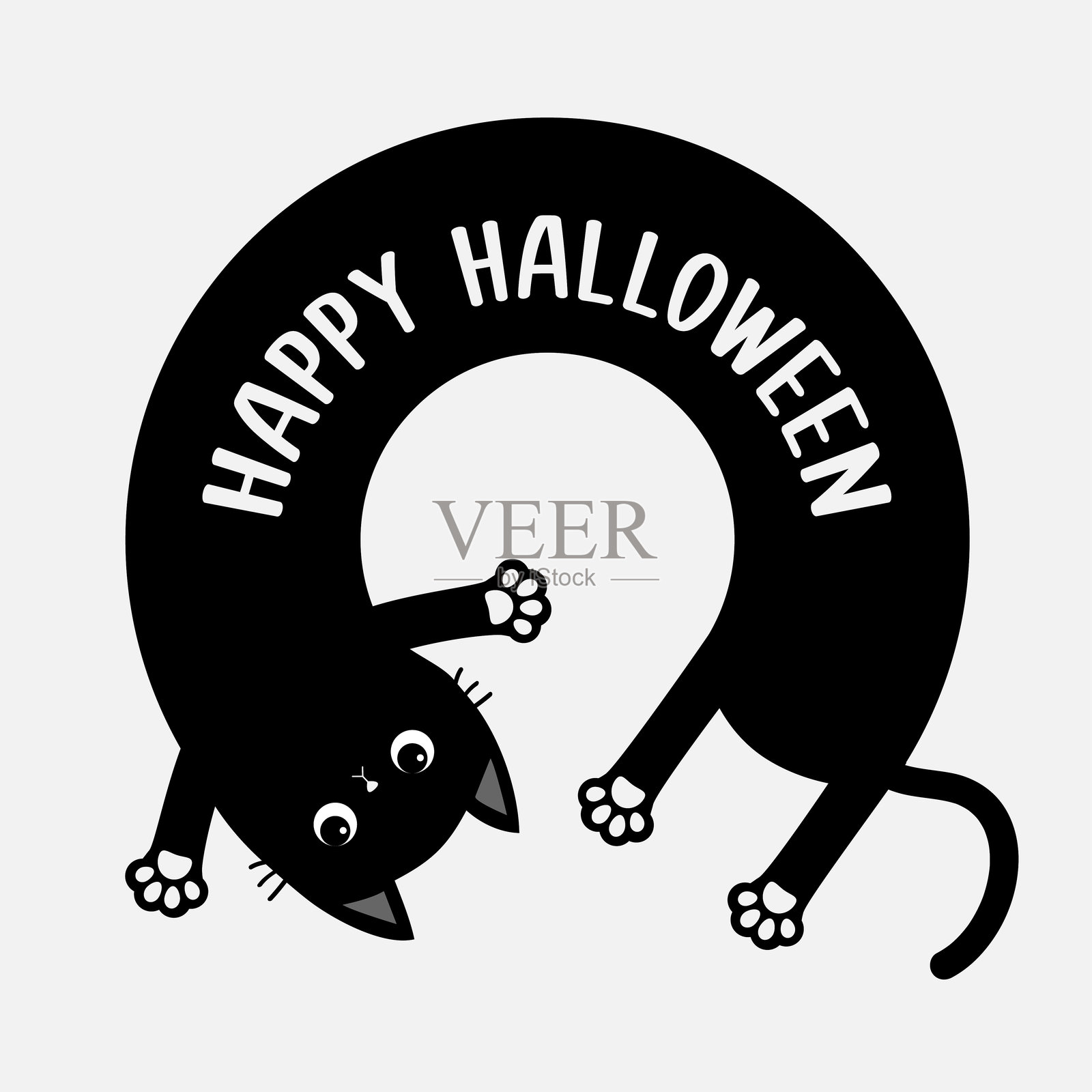 万圣节快乐。小猫。圆形。长身猫。卡通宝宝宠物角色。可爱卡哇伊寒心黑猫头脸，爪印。平面设计。白色背景。插画图片素材