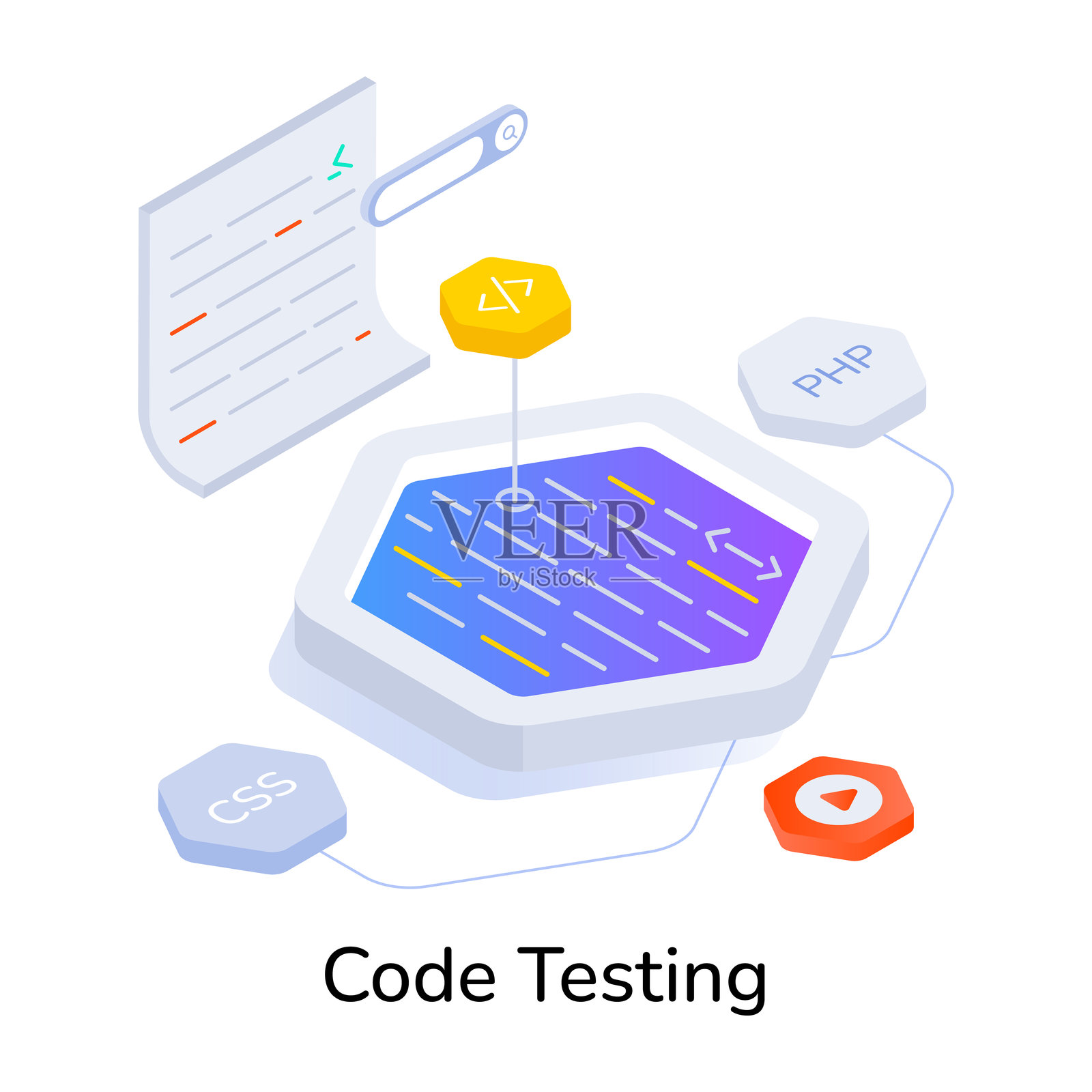 一个等距图标的代码测试过程插画图片素材