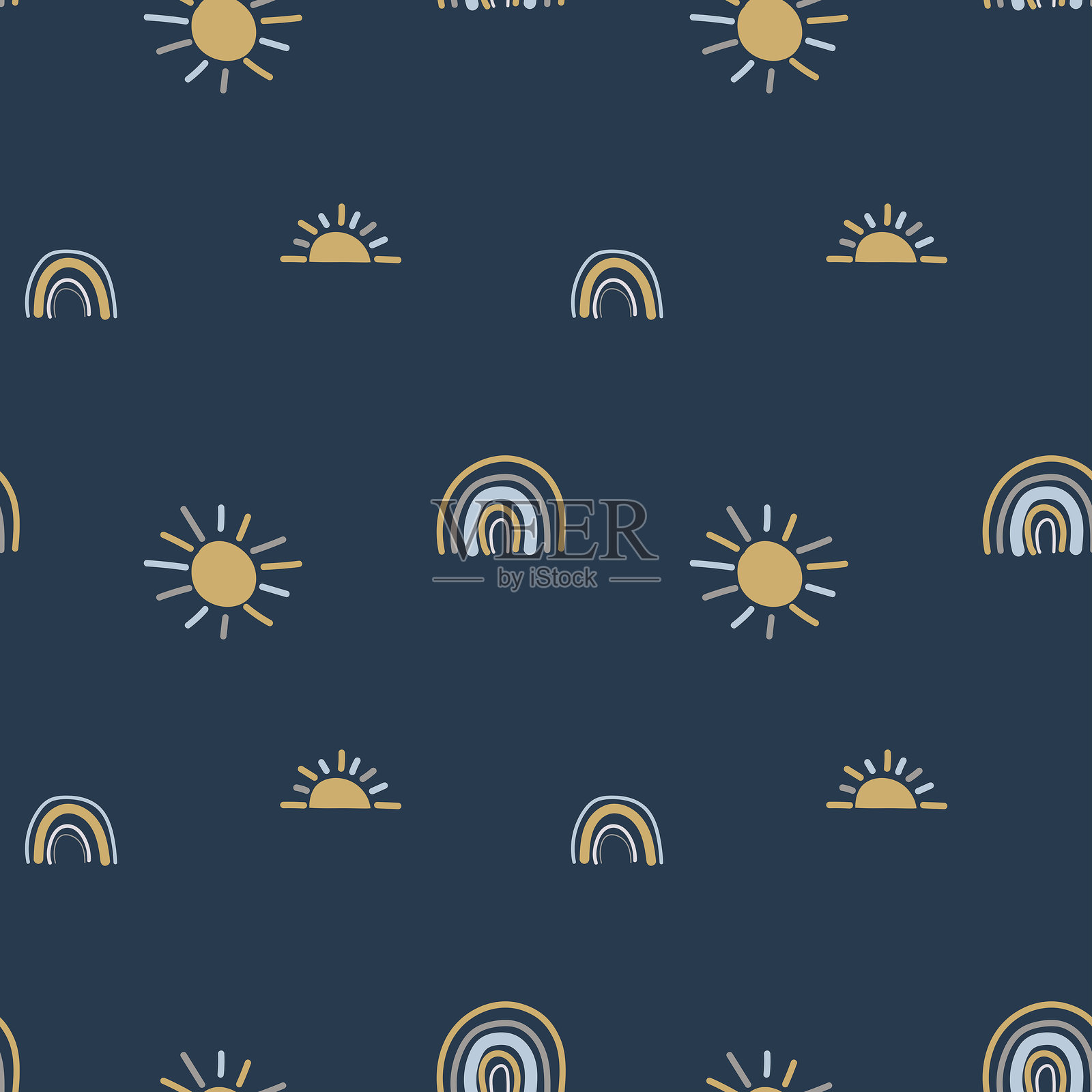 矢量无缝模式。可爱的彩虹和太阳在深蓝色的背景插画图片素材