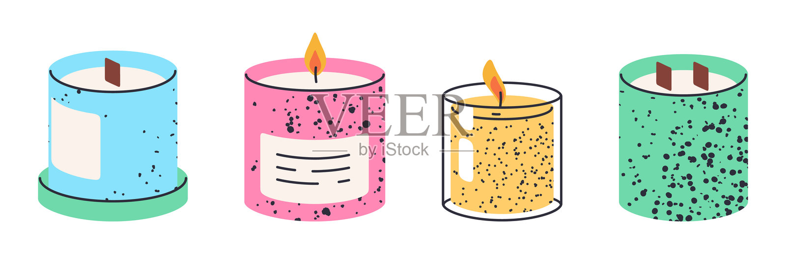 玻璃罐里的蜡烛。香薰蜡装饰蜡烛在罐子里，可爱的极简主义蜡烛，芳香疗法和家庭室内装饰平面矢量插图集。白色上的芳香蜡烛插画图片素材