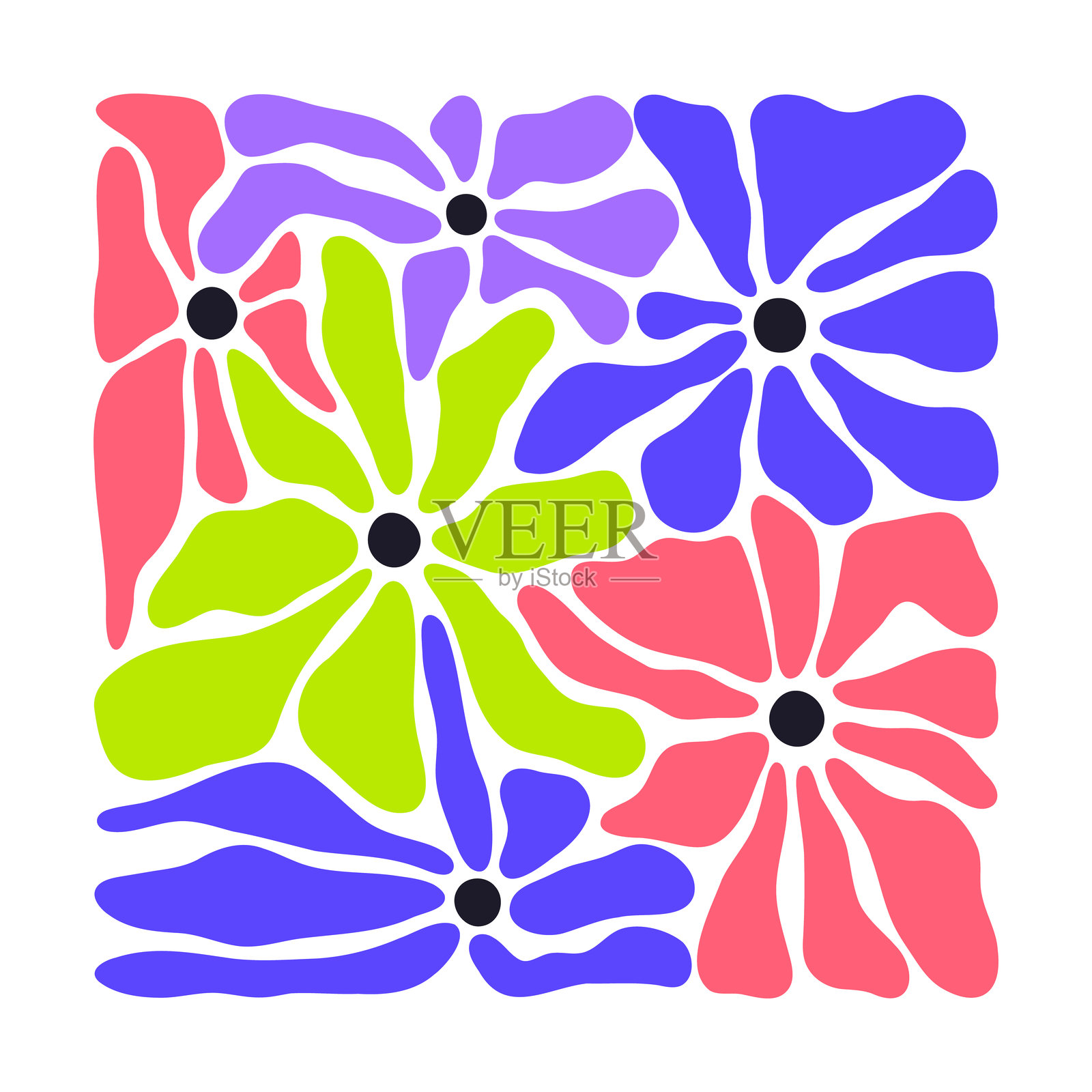 抽象的方形小花形状。花卉设计剪影，盛开现代植物符号平面矢量插图。手绘方形海报插画图片素材