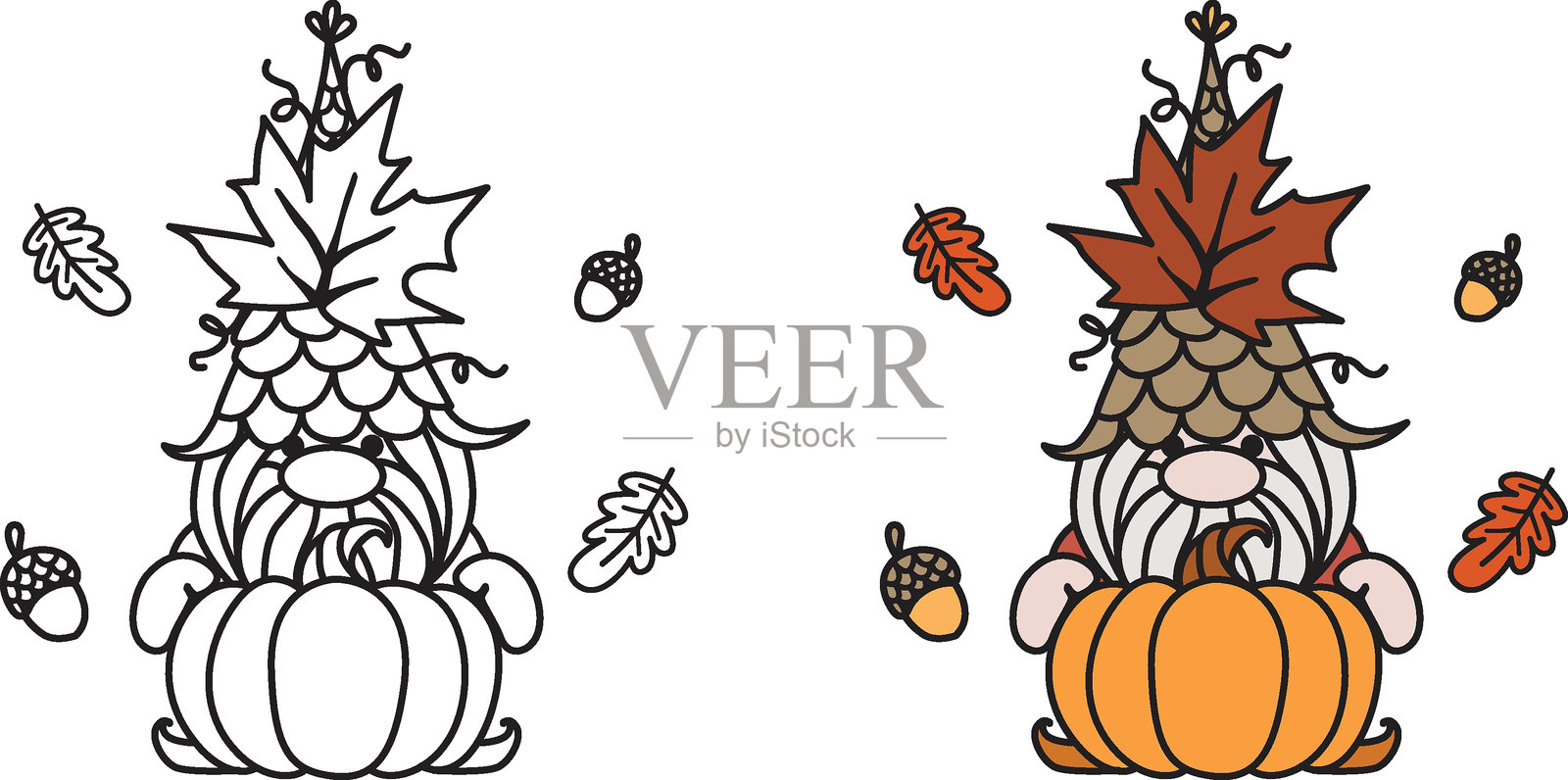 Groovy可爱的秋收侏儒拿着南瓜与树叶和橡子掉落，具有可编辑的线条厚度。矢量插图。插画图片素材