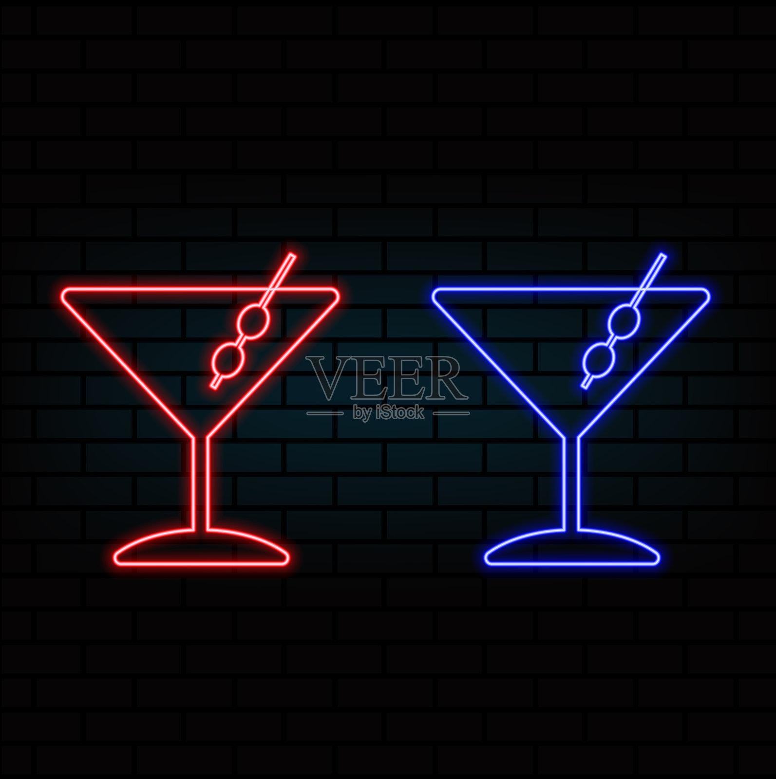 空马提尼杯在粉红色和蓝色霓虹背景。酒精饮料，鸡尾酒会的概念。透明的轮廓，照明效果。晚上酒吧。插画图片素材