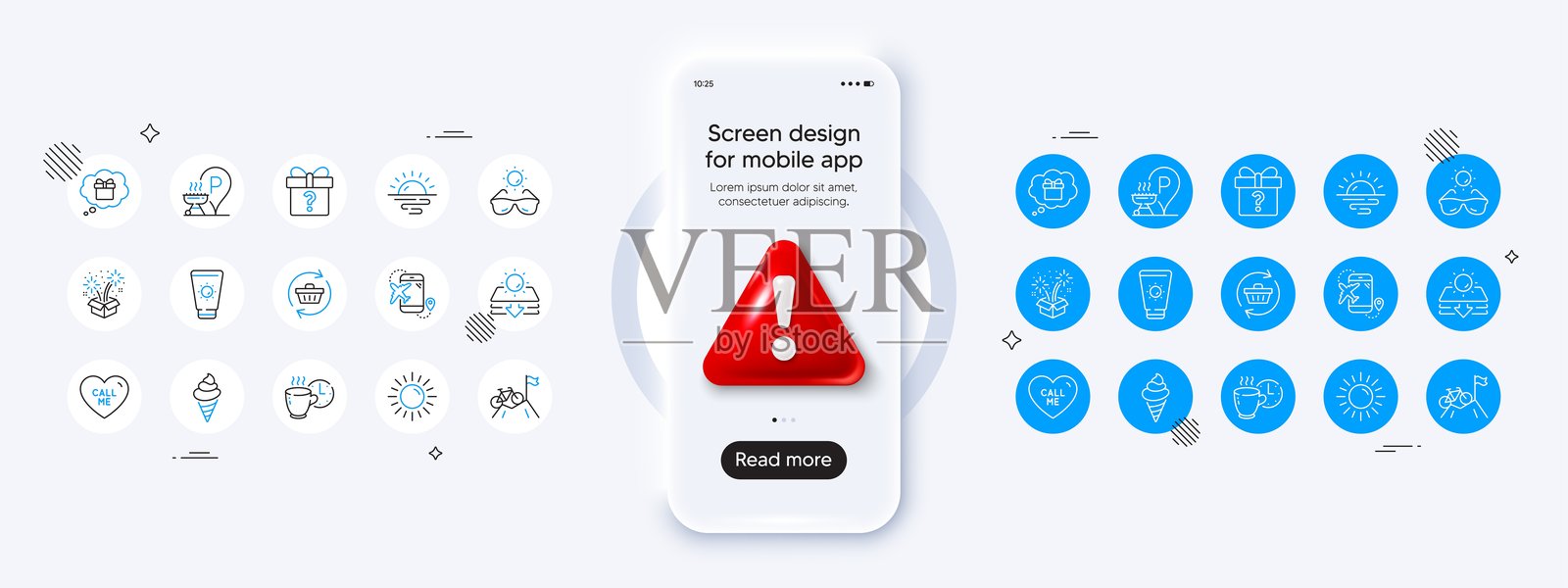 航班目的地，烧烤地点和礼品梦想线图标。对于web应用程序，打印矢量插画图片素材