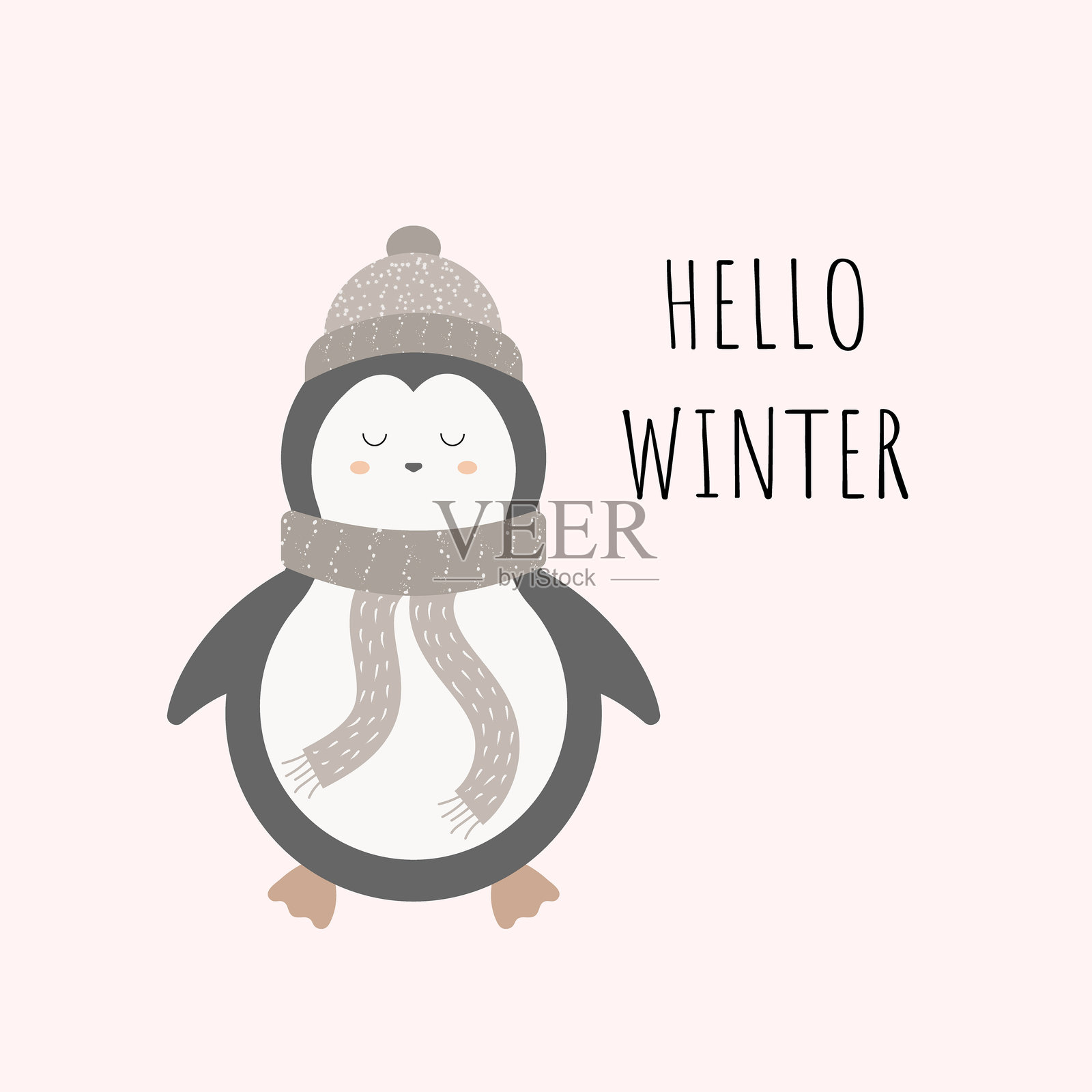 你好,冬天。一只企鹅穿着冬衣，戴着帽子，围着围巾。北欧风格。矢量图插画图片素材