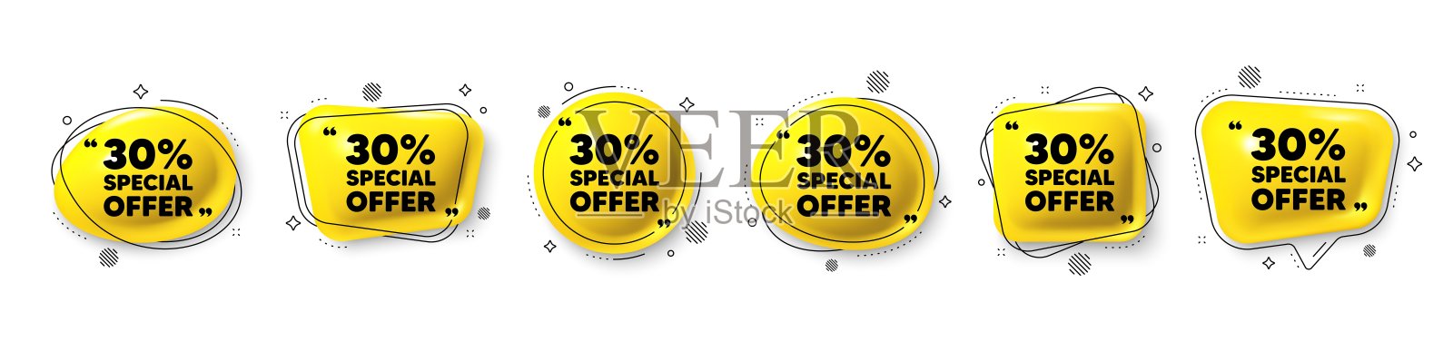 七折优惠。销售价格促销标志。语音气泡3d图标集。向量插画图片素材