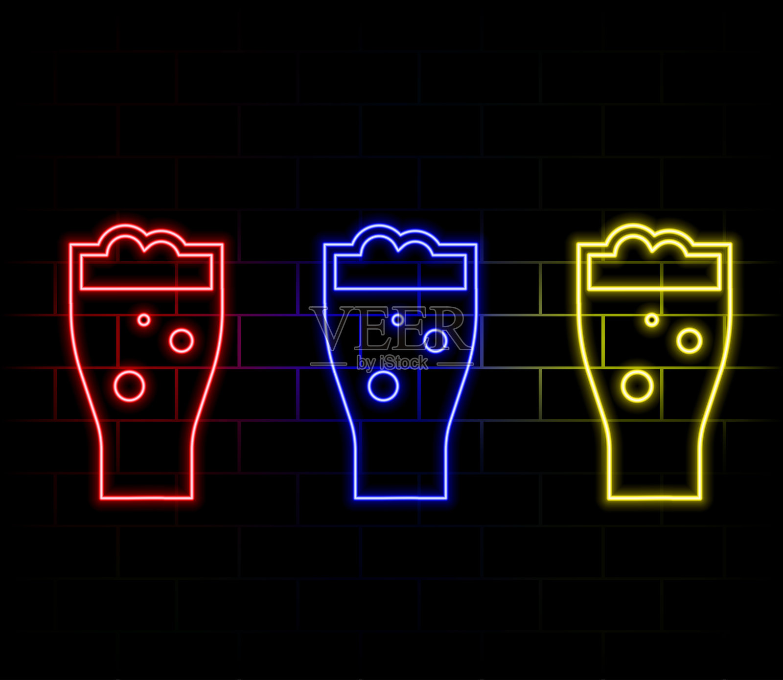 带有蛋糕、香槟和五彩纸屑的发光招牌。节日传单，生日贺卡。霓虹灯海报，横幅，邀请。砖墙。矢量3d插图。剪切蒙版，可编辑插画图片素材