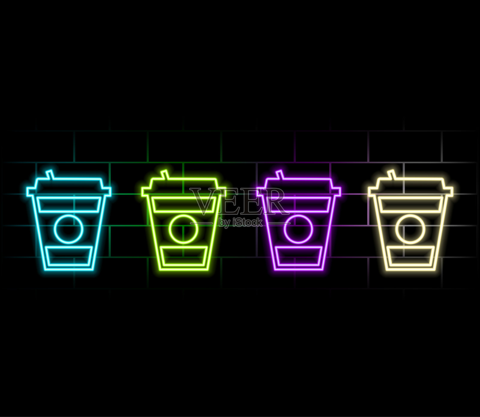 奶昔，鸡尾酒和柠檬水玻璃霓虹灯设置。鸡尾酒会或酒吧设计。夜晚明亮的霓虹灯招牌，五颜六色的广告牌，灯光的横幅。矢量插图霓虹灯风格。插画图片素材