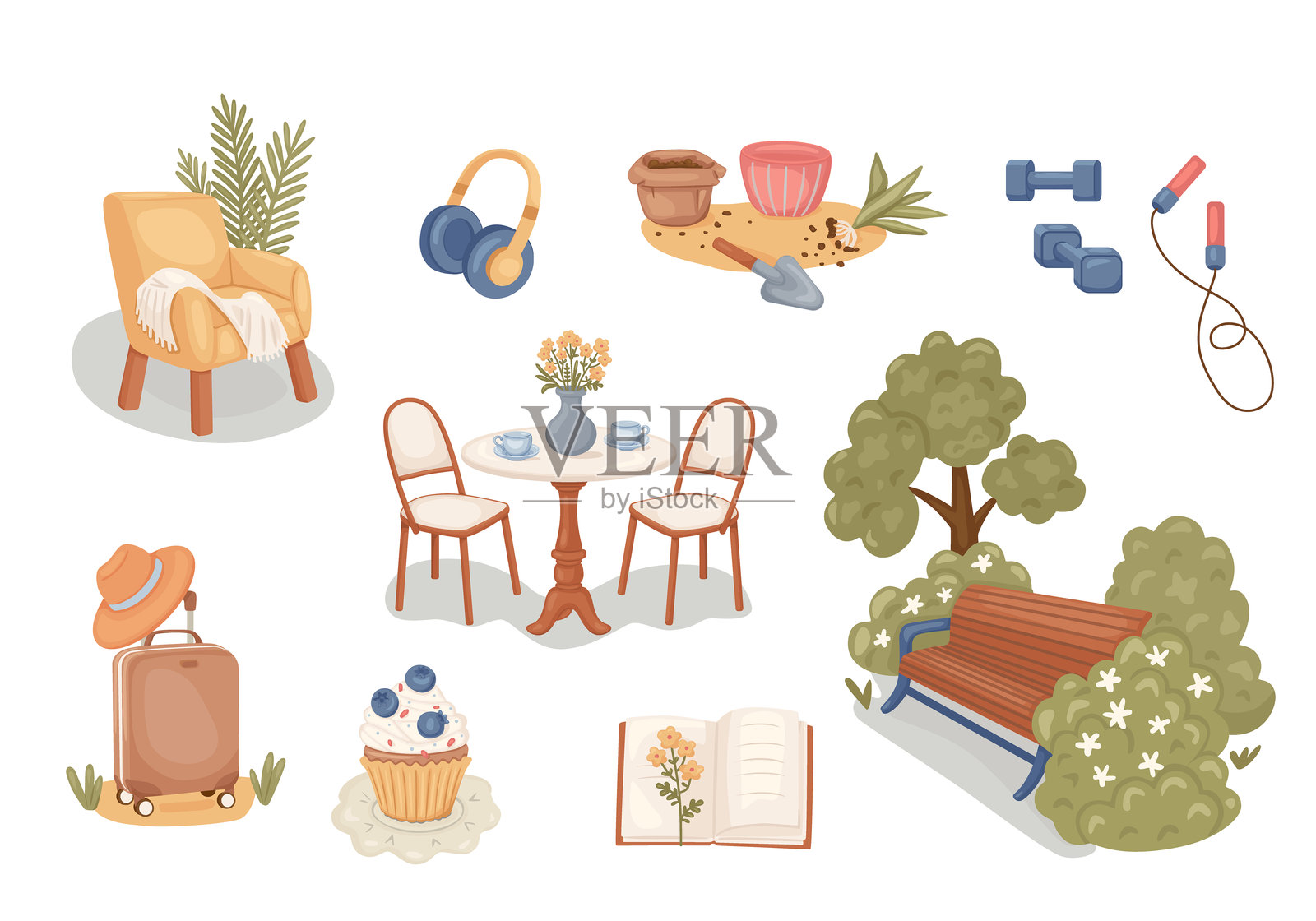 集卡通元素为主题的各类娱乐活动。收集彩色图标与运动器材，咖啡馆，手提箱，公园。矢量插图适用于贴纸包。插画图片素材