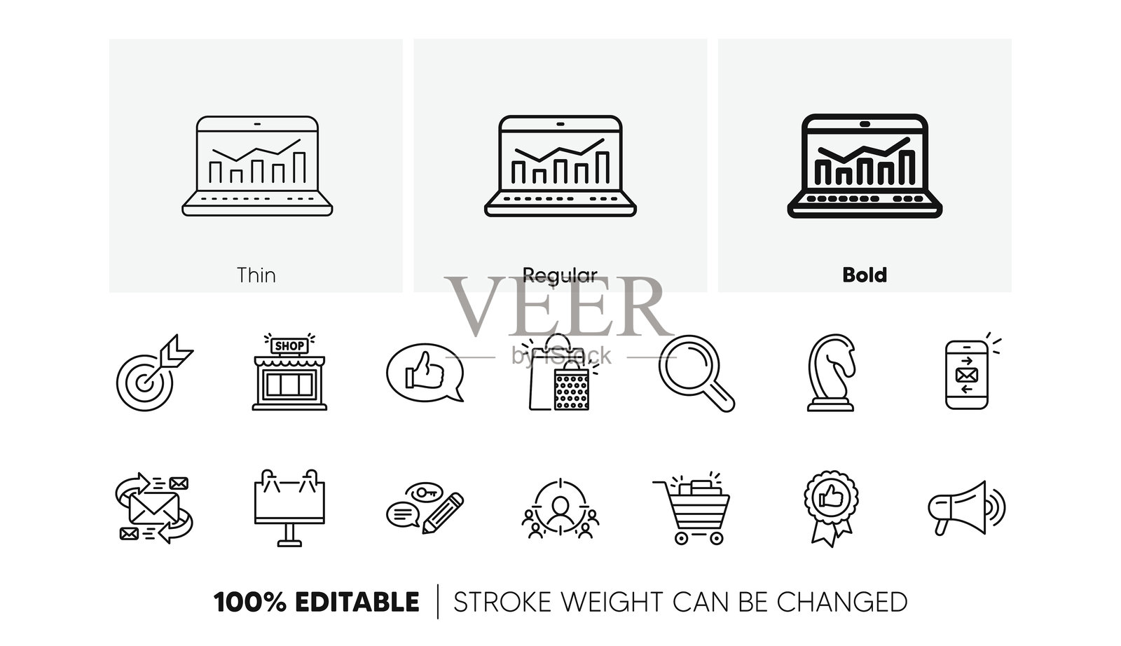 营销，研究线条图标。策略，反馈和广告代理。线性图标集。行图标。向量插画图片素材