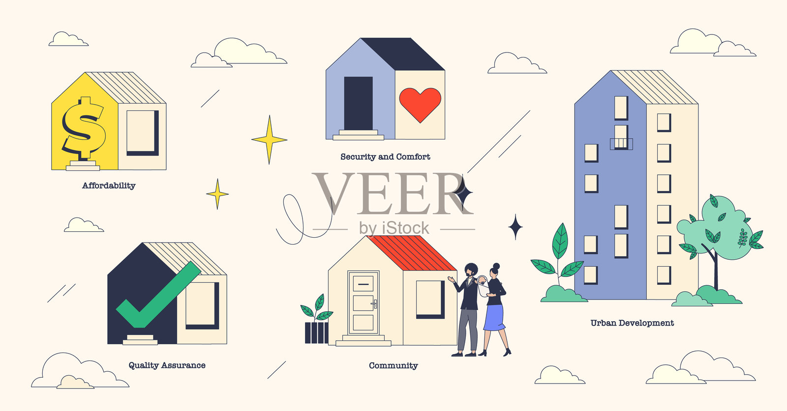 面向所有社区家庭的经济适用房微型新粗野主义建筑系列插画图片素材