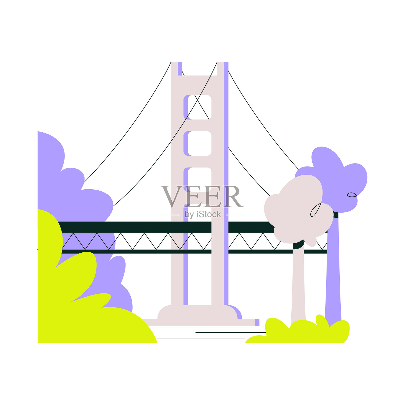 桥在城市公园设置与树木在平面矢量插图象征基础设施，交通，和城市地标，孤立的白色背景插画图片素材